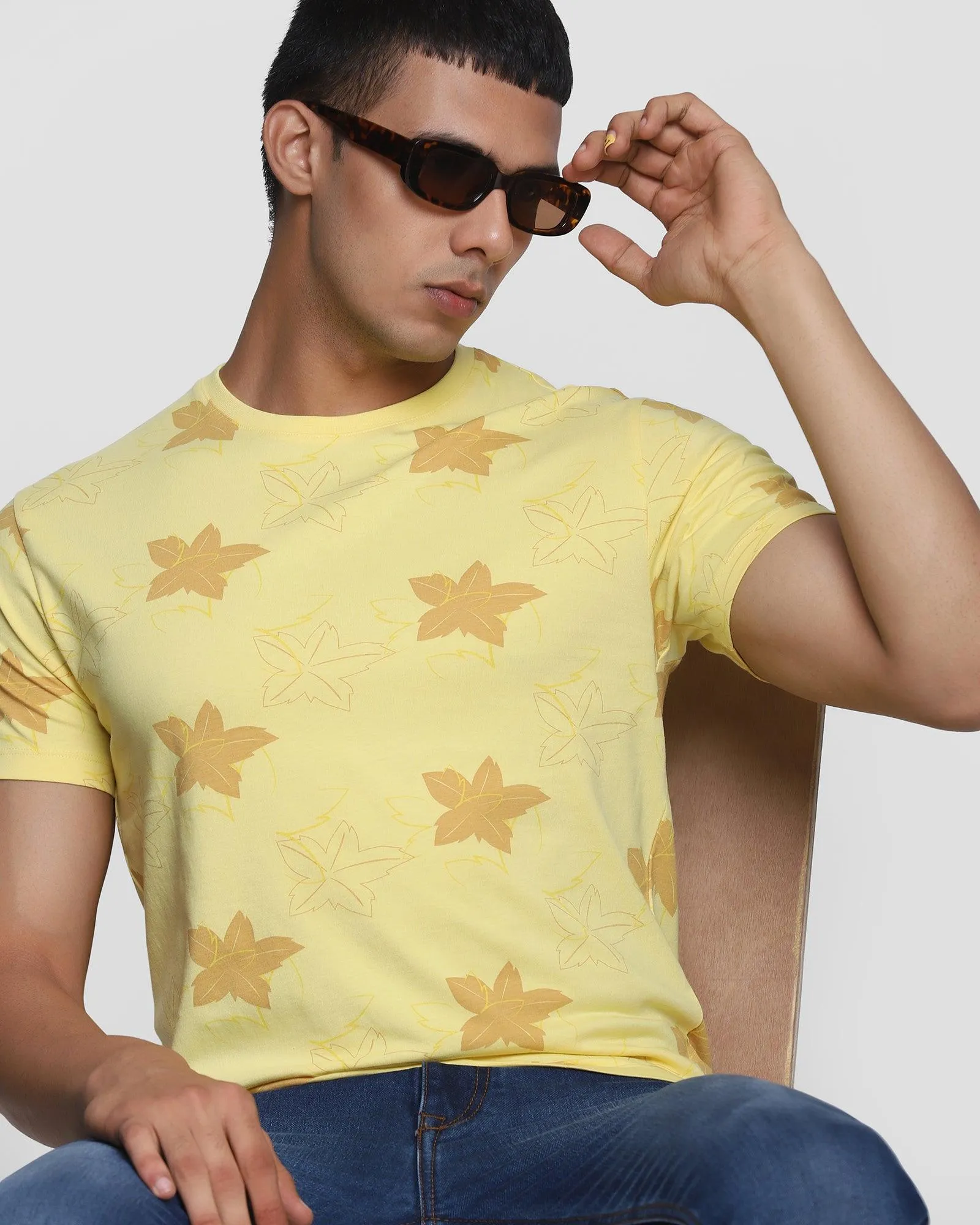 Crew Neck Bright Yellow Printed T-Shirt - Pointelle