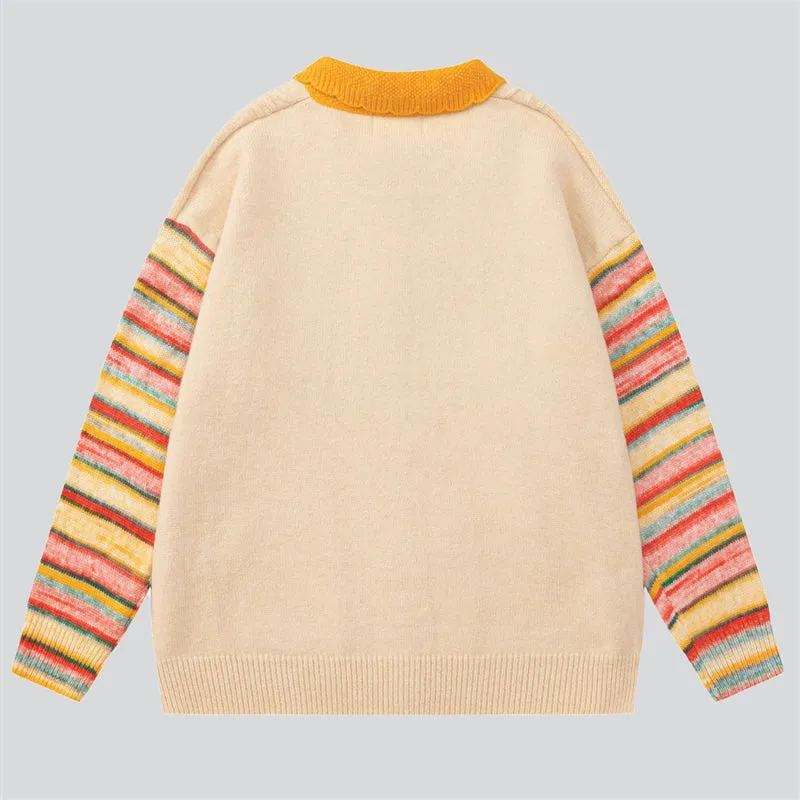 Cute Yellow Lapel Rainbow Sleeve Knitted Sweater