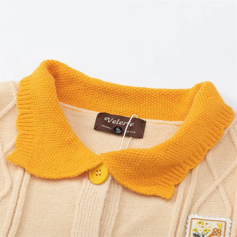 Cute Yellow Lapel Rainbow Sleeve Knitted Sweater