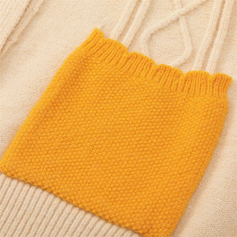 Cute Yellow Lapel Rainbow Sleeve Knitted Sweater