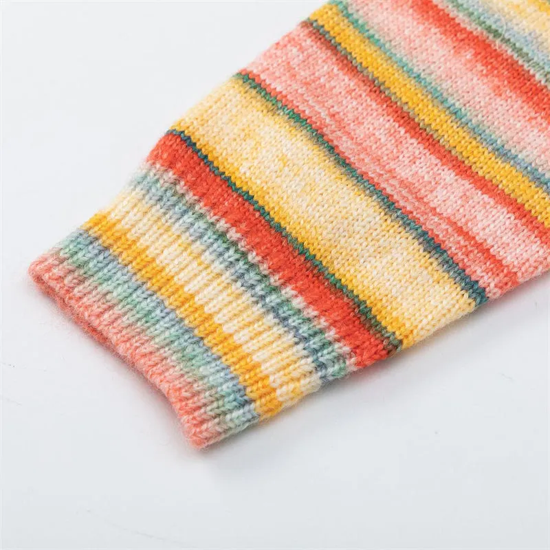 Cute Yellow Lapel Rainbow Sleeve Knitted Sweater