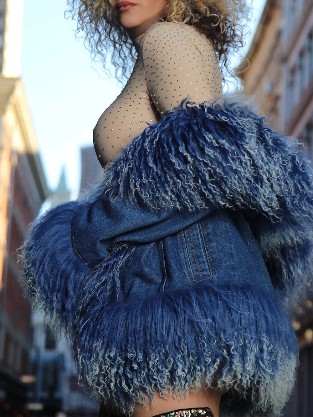 Denim Shearling Fringed Jacket