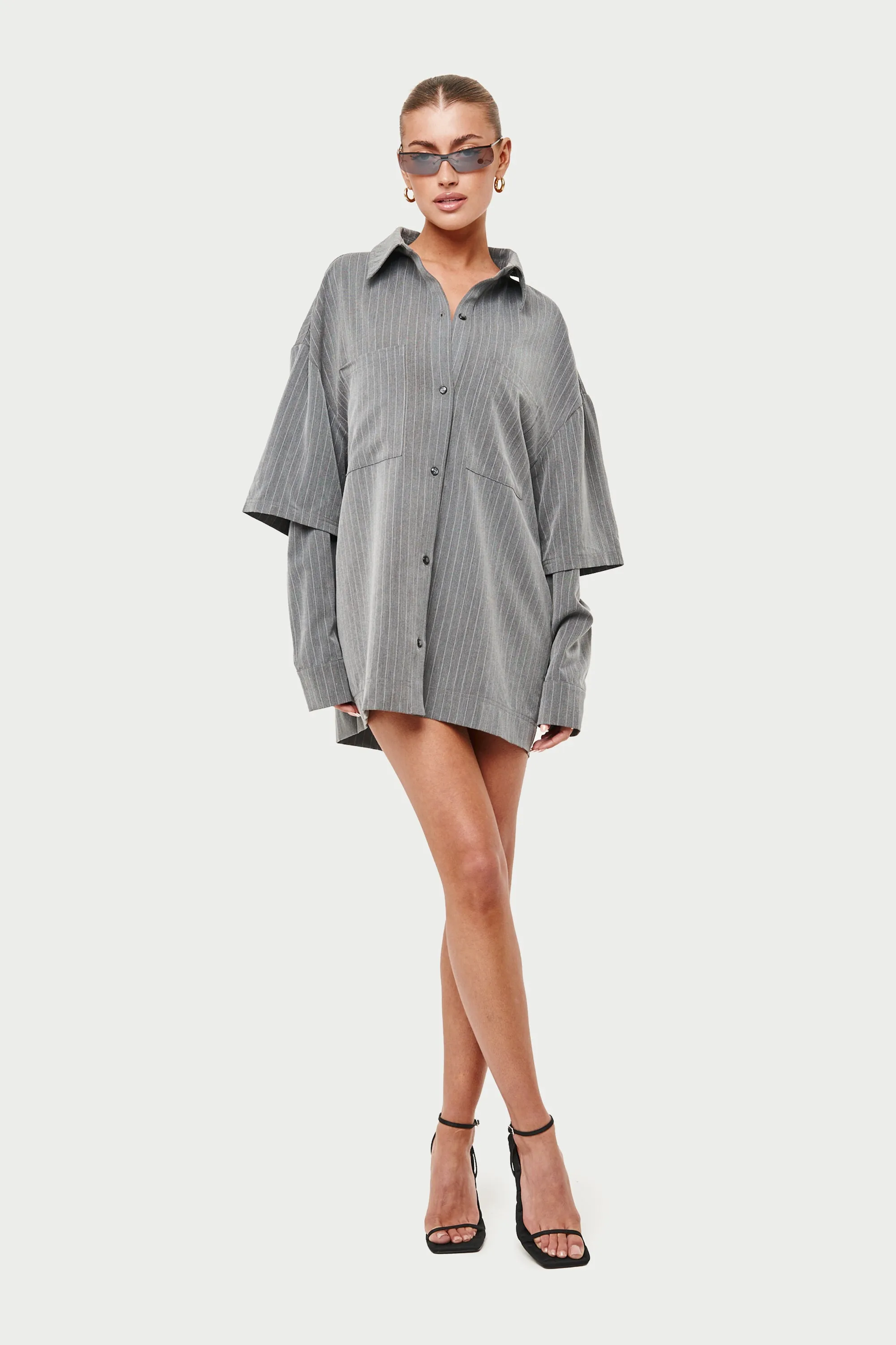 DOUBLE LAYER PINSTRIPE OVERSIZED SHIRT - GREY