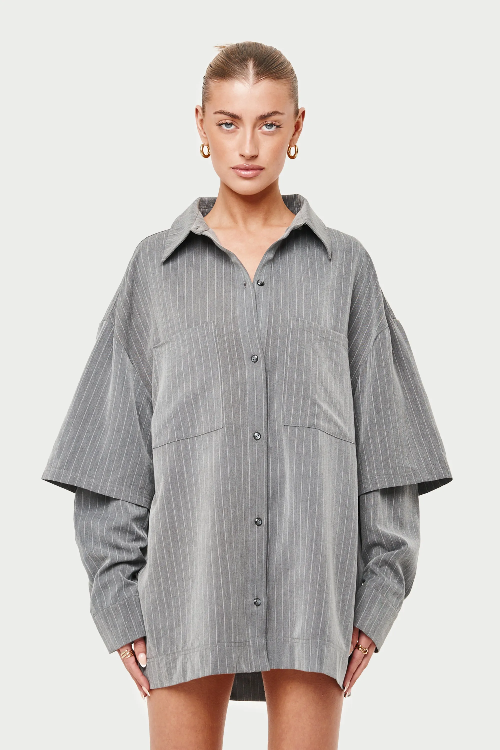 DOUBLE LAYER PINSTRIPE OVERSIZED SHIRT - GREY