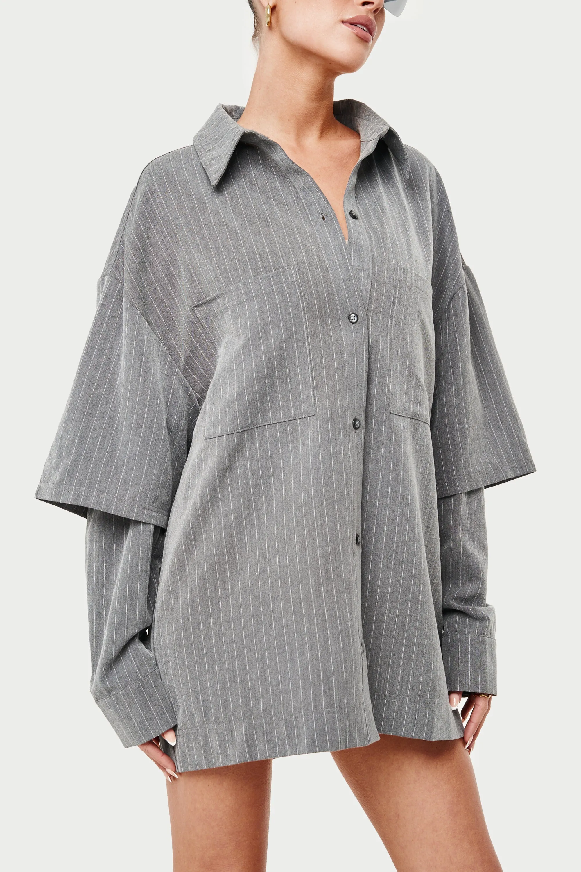 DOUBLE LAYER PINSTRIPE OVERSIZED SHIRT - GREY