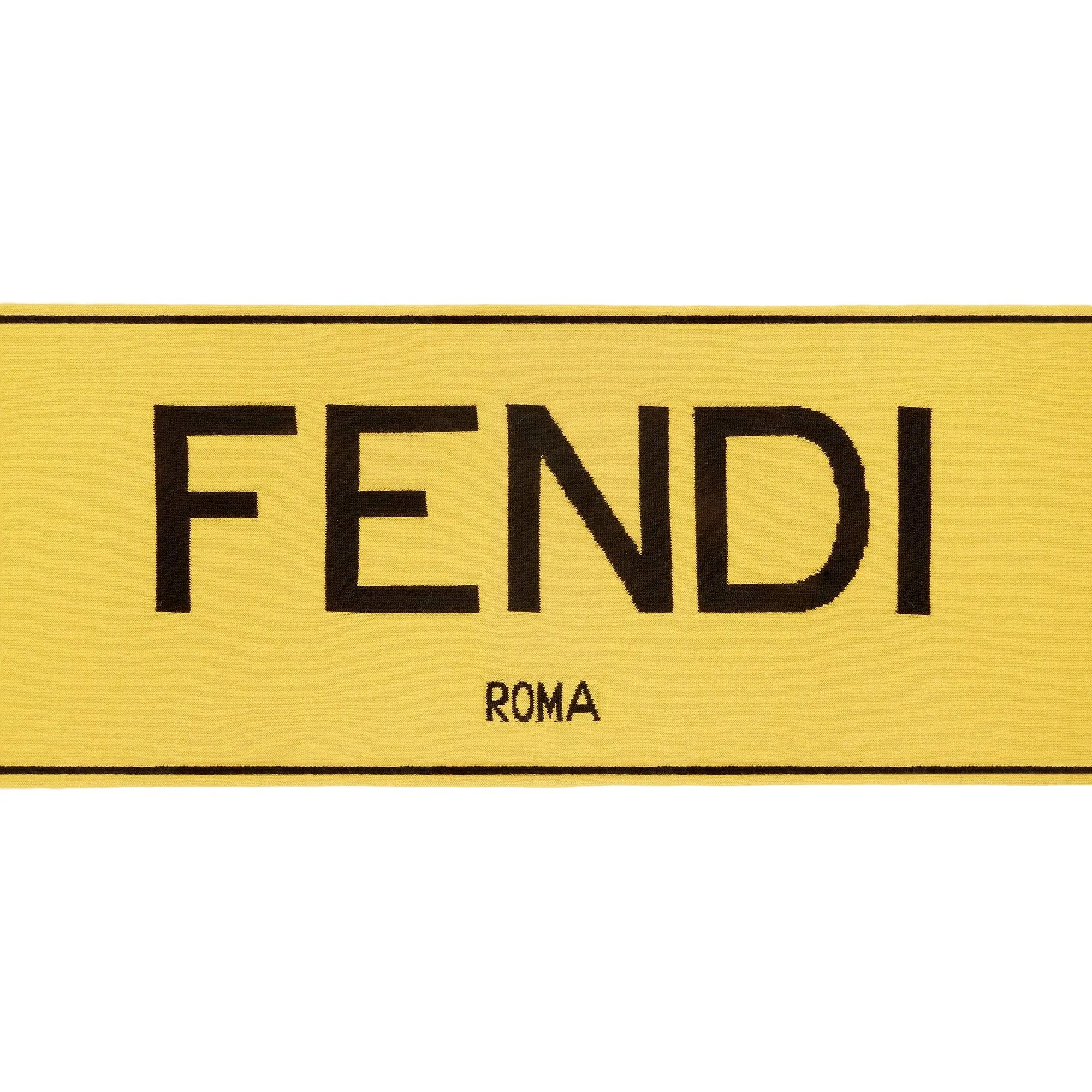 Fendi Roma Knitted Wool & Cashmere Yellow Black Logo Scarf