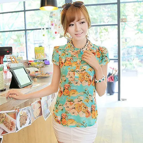 Finejo Women Short-Sleeve Slim Ladies Floral Print Chiffon Shirt