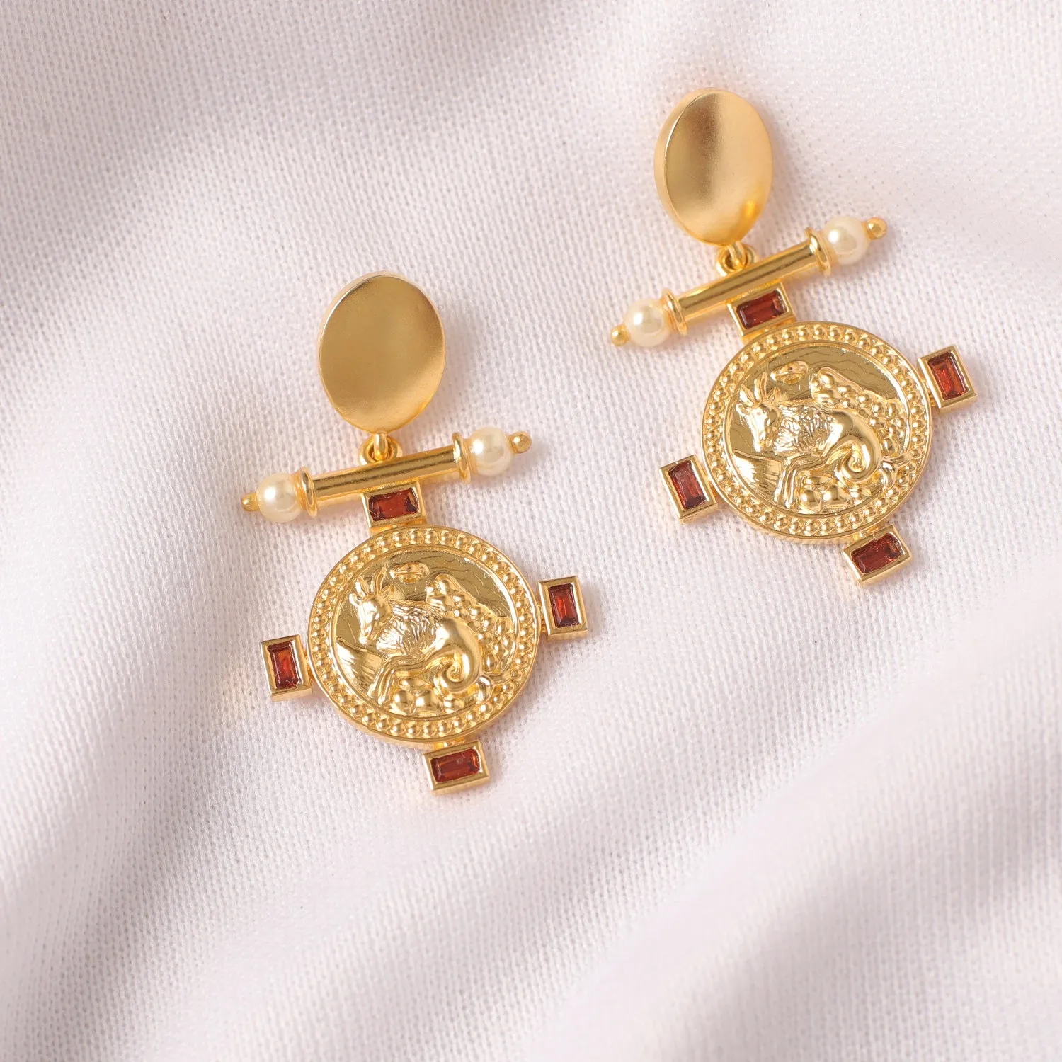 Garnet Capricorn Zodiac Gold Plated Silver Earrings