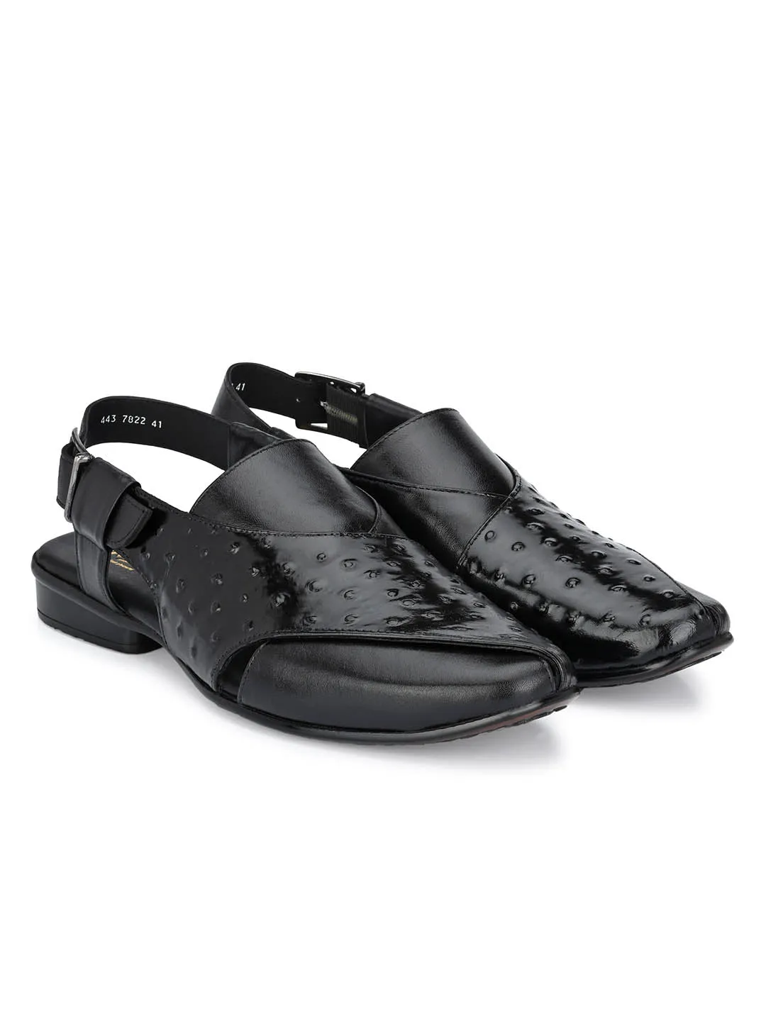 Hitz Men's Black Leather Peshawari Sandals with Buckle Closure