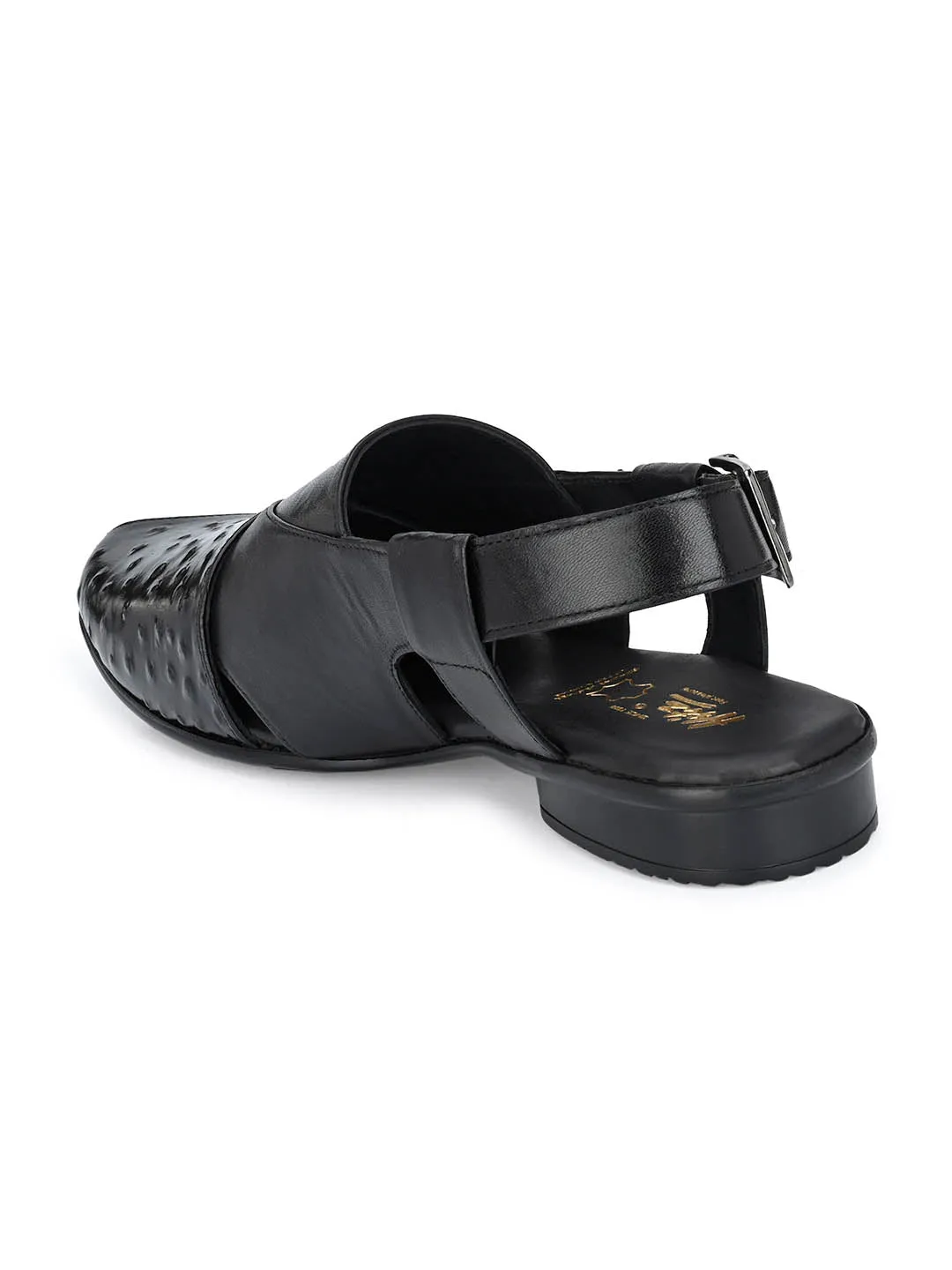 Hitz Men's Black Leather Peshawari Sandals with Buckle Closure