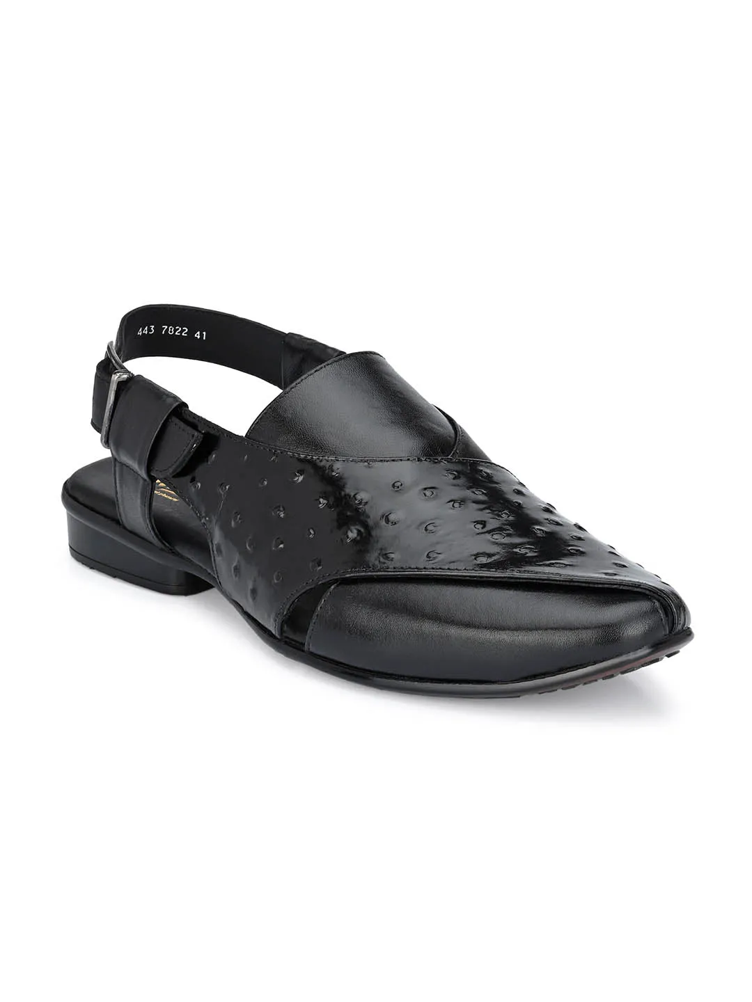 Hitz Men's Black Leather Peshawari Sandals with Buckle Closure