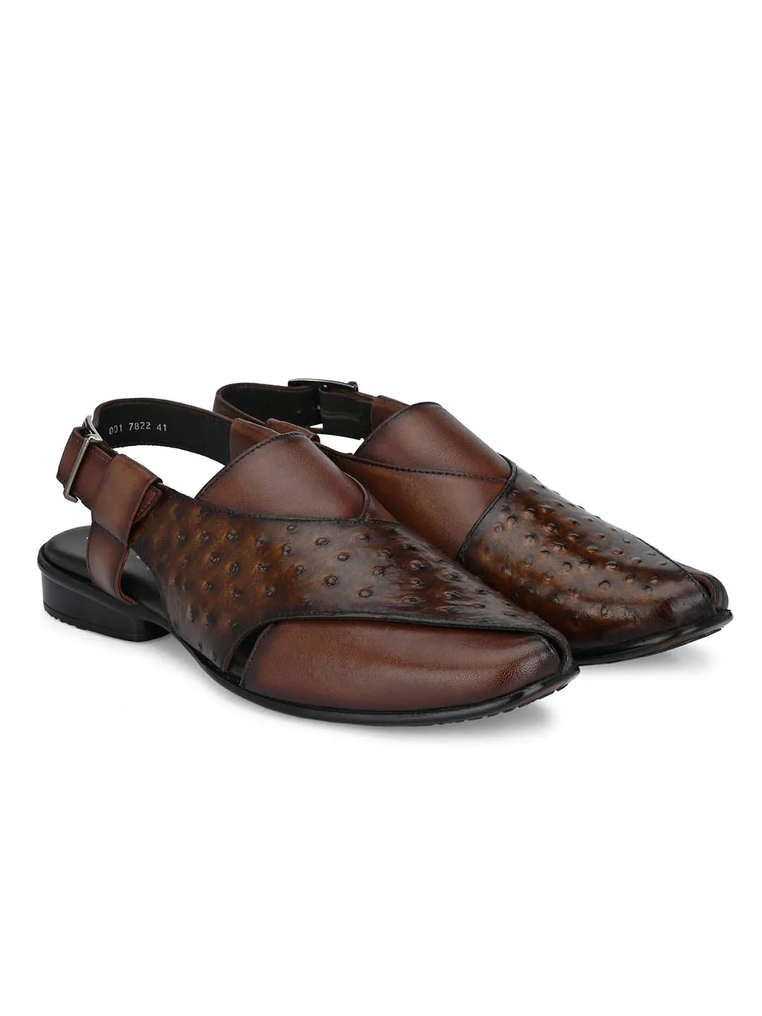 Hitz Men's Brown Leather Peshawari Sandals with Buckle Closure