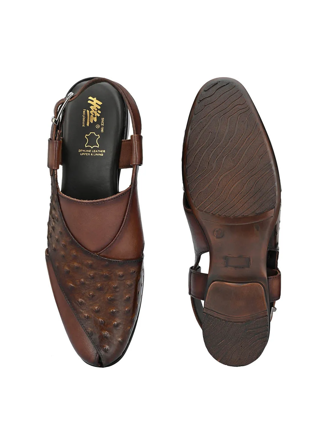 Hitz Men's Brown Leather Peshawari Sandals with Buckle Closure