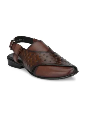 Hitz Men's Brown Leather Peshawari Sandals with Buckle Closure