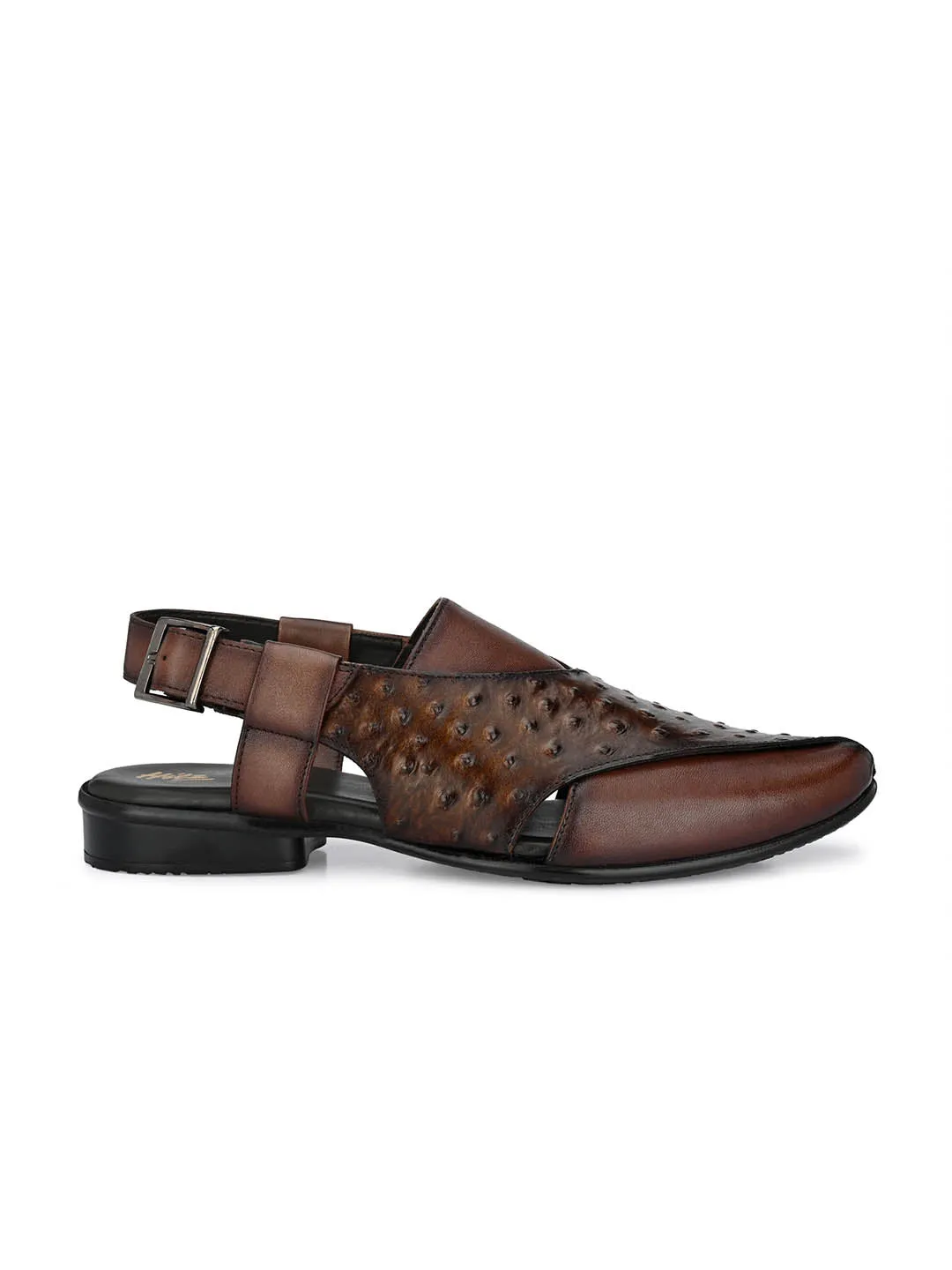 Hitz Men's Brown Leather Peshawari Sandals with Buckle Closure