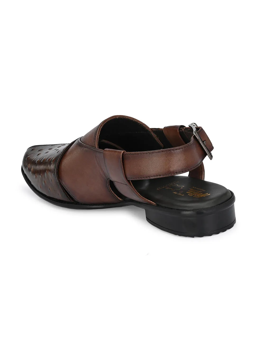 Hitz Men's Brown Leather Peshawari Sandals with Buckle Closure