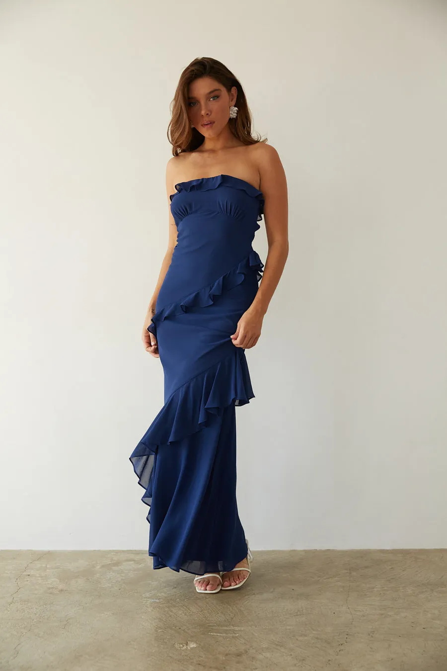 Jana Strapless Ruffle Open Back Maxi Dress