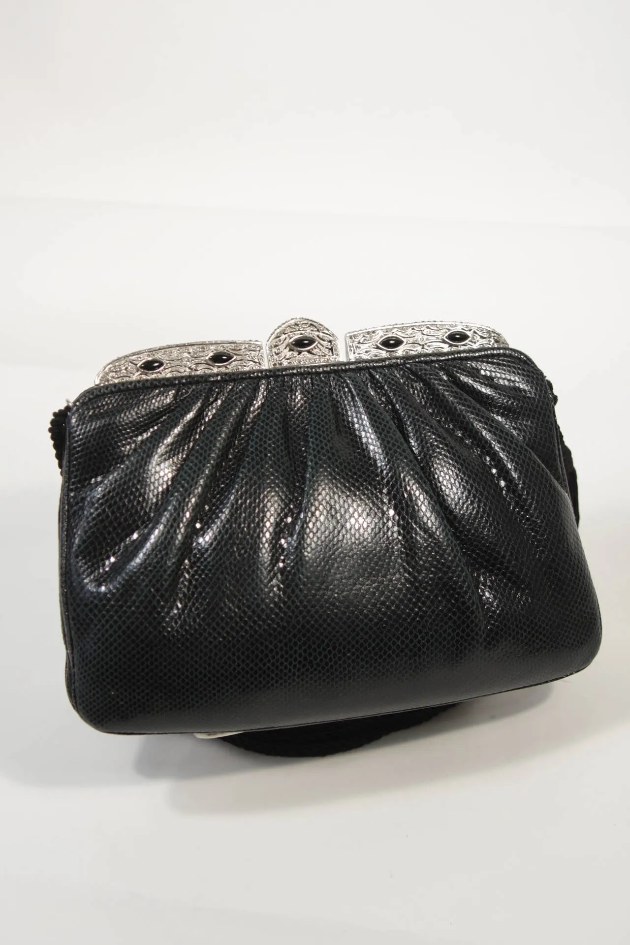 JUDITH LEIBER Black Lizard Evening Purse with Metal Frame