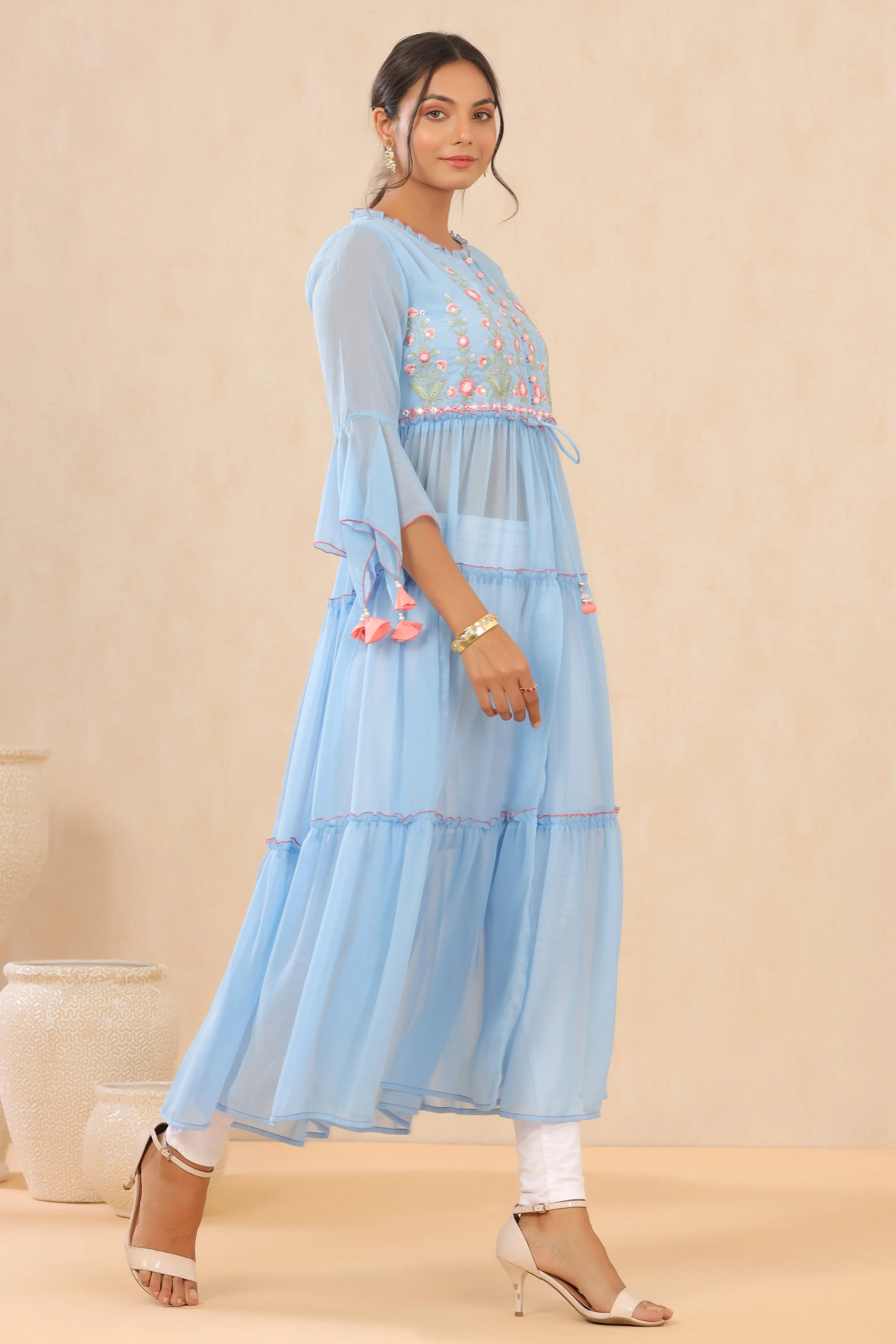 Juniper Powder Blue Floral Printed Chiffon Tiered Kurta With Thread Work Embroidery