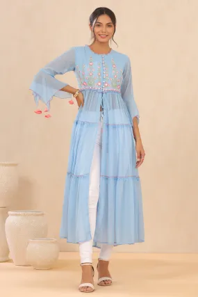 Juniper Powder Blue Floral Printed Chiffon Tiered Kurta With Thread Work Embroidery