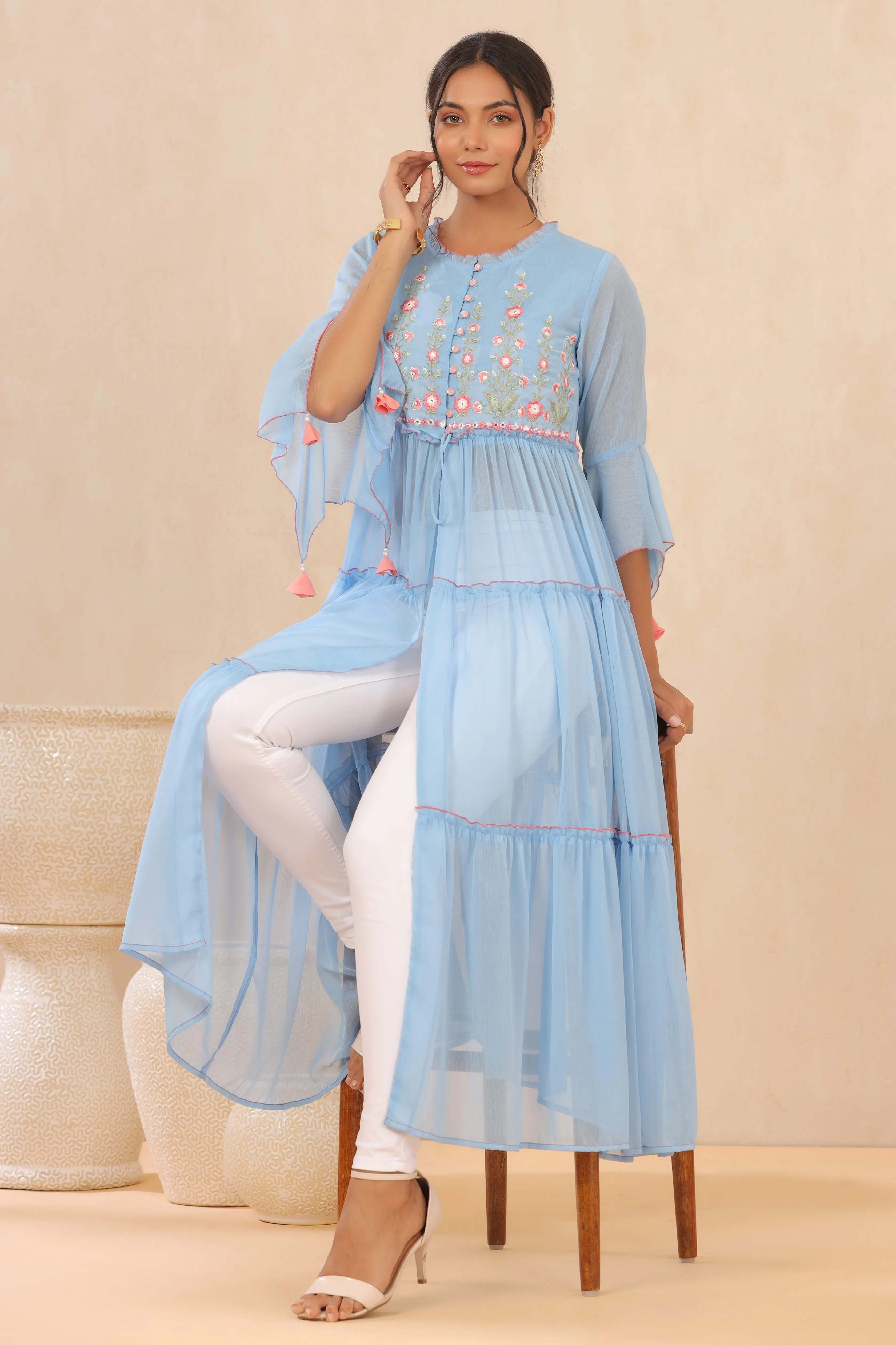 Juniper Powder Blue Floral Printed Chiffon Tiered Kurta With Thread Work Embroidery