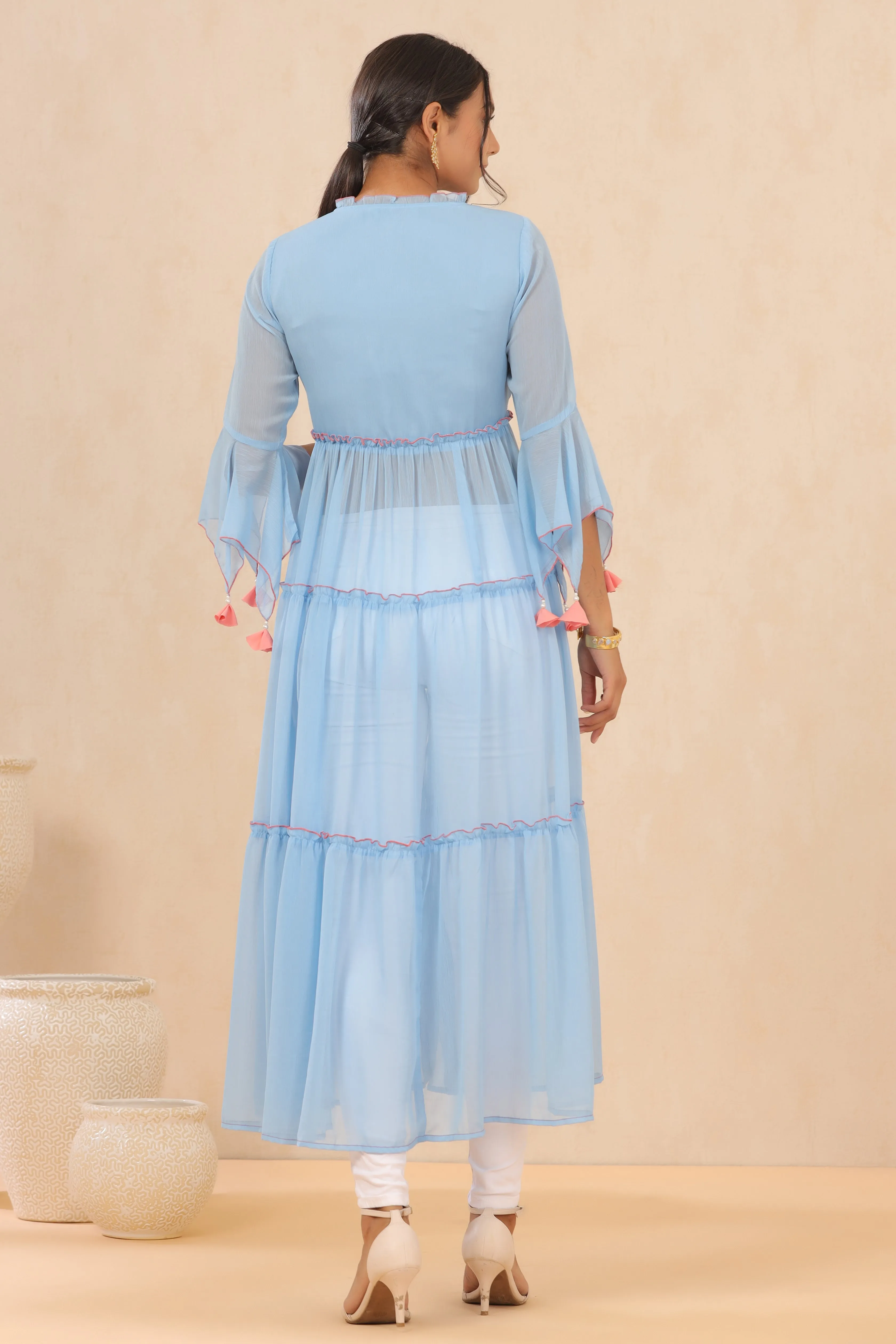 Juniper Powder Blue Floral Printed Chiffon Tiered Kurta With Thread Work Embroidery