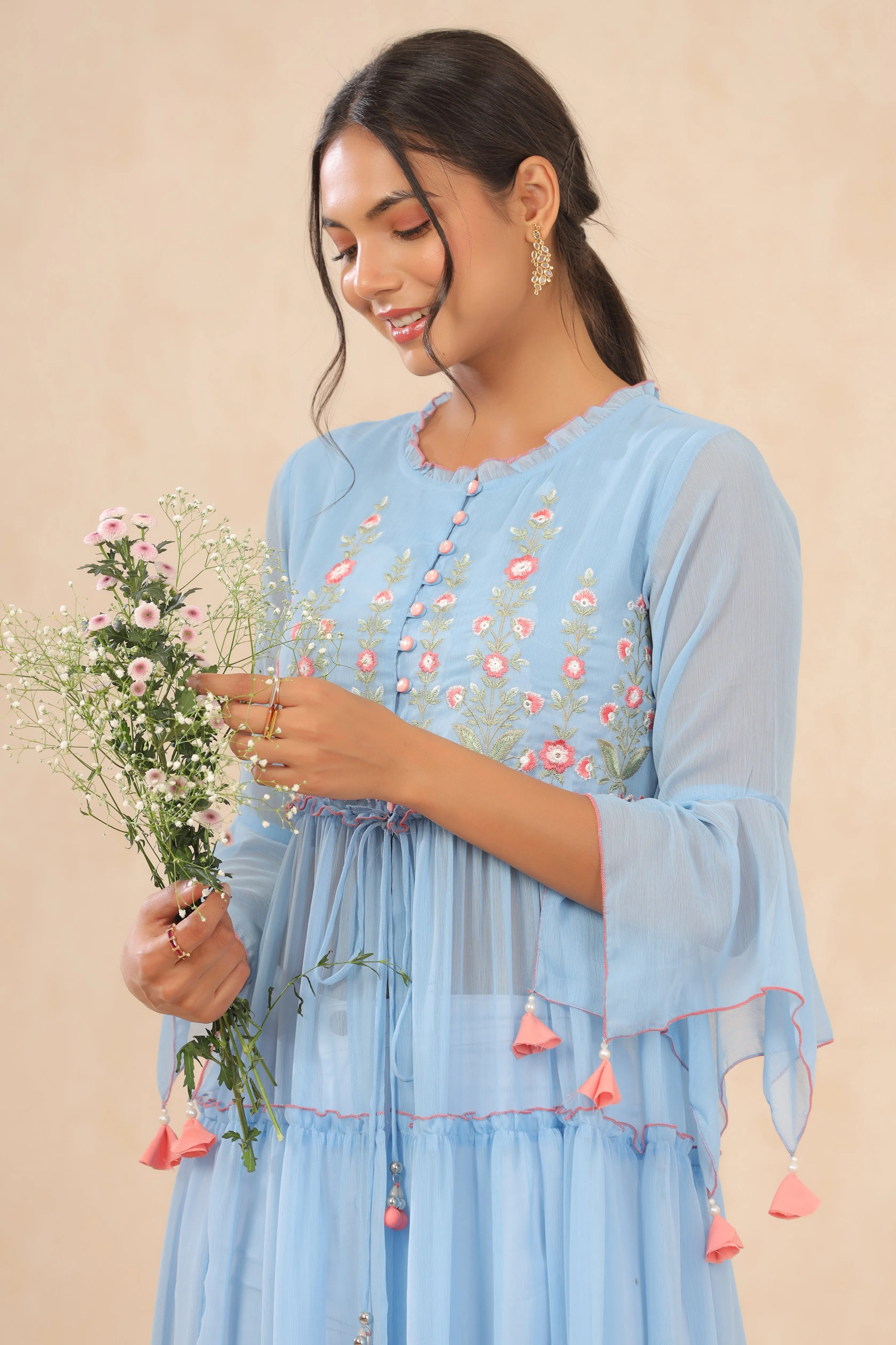 Juniper Powder Blue Floral Printed Chiffon Tiered Kurta With Thread Work Embroidery