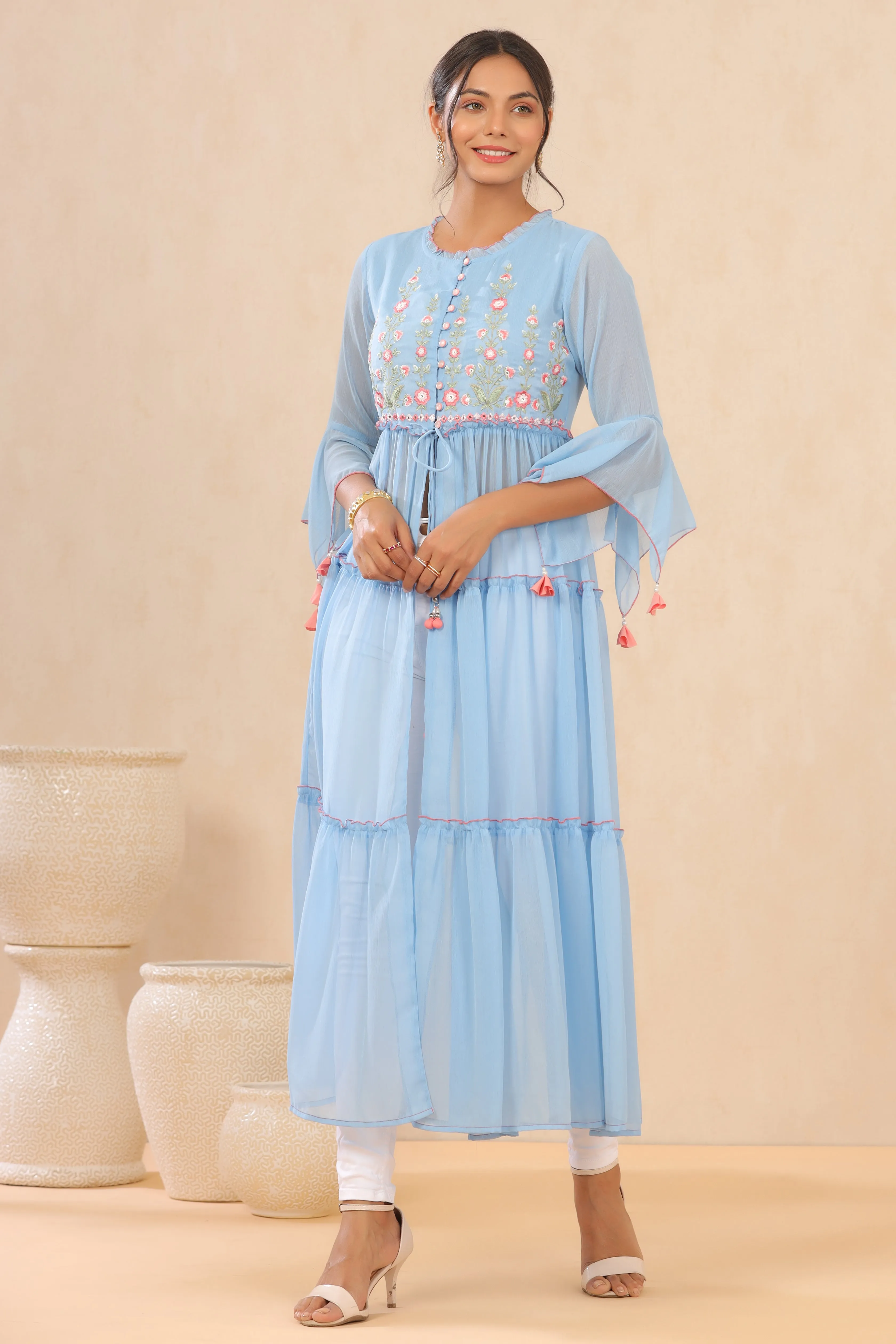 Juniper Powder Blue Floral Printed Chiffon Tiered Kurta With Thread Work Embroidery