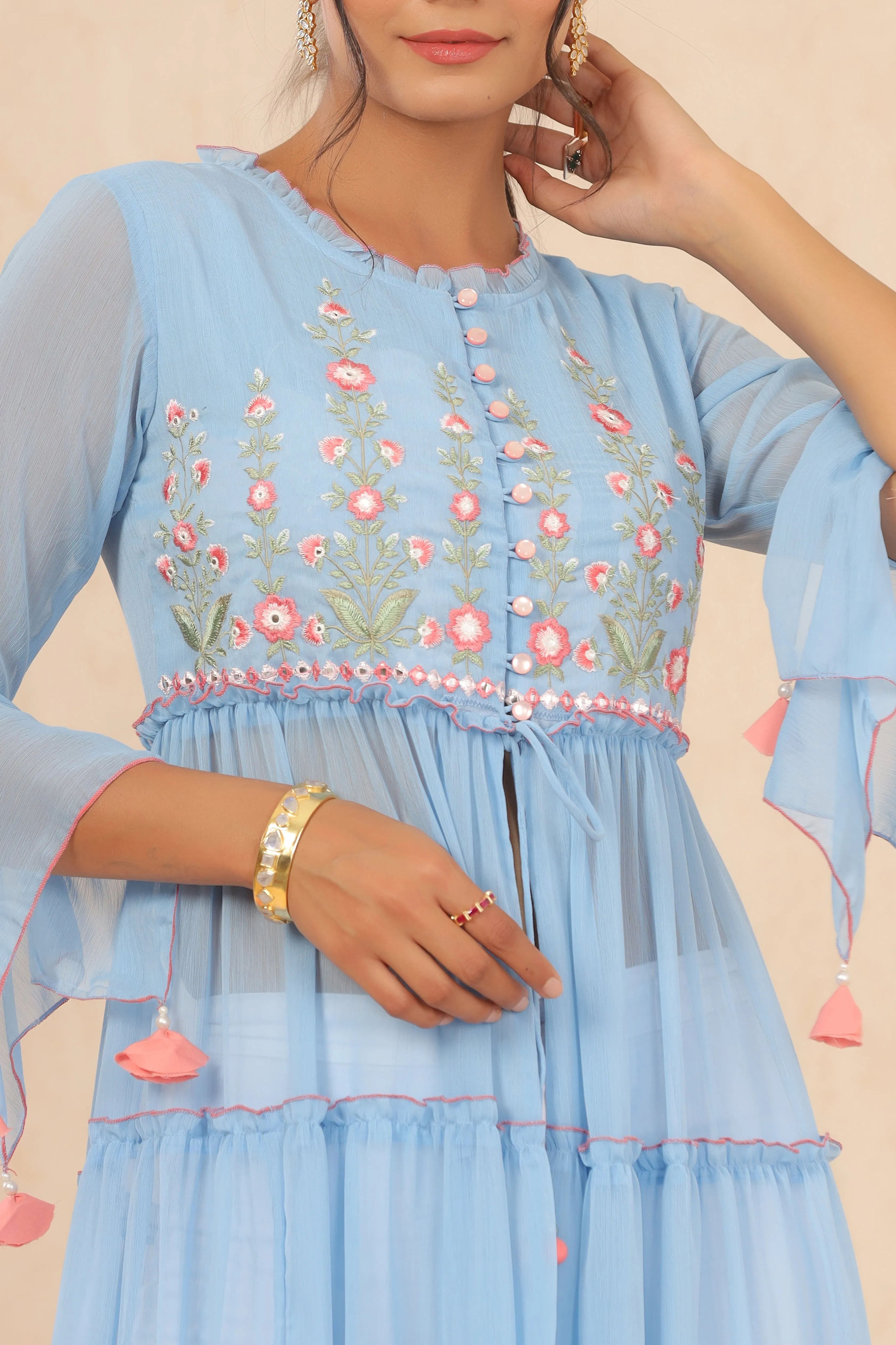 Juniper Powder Blue Floral Printed Chiffon Tiered Kurta With Thread Work Embroidery