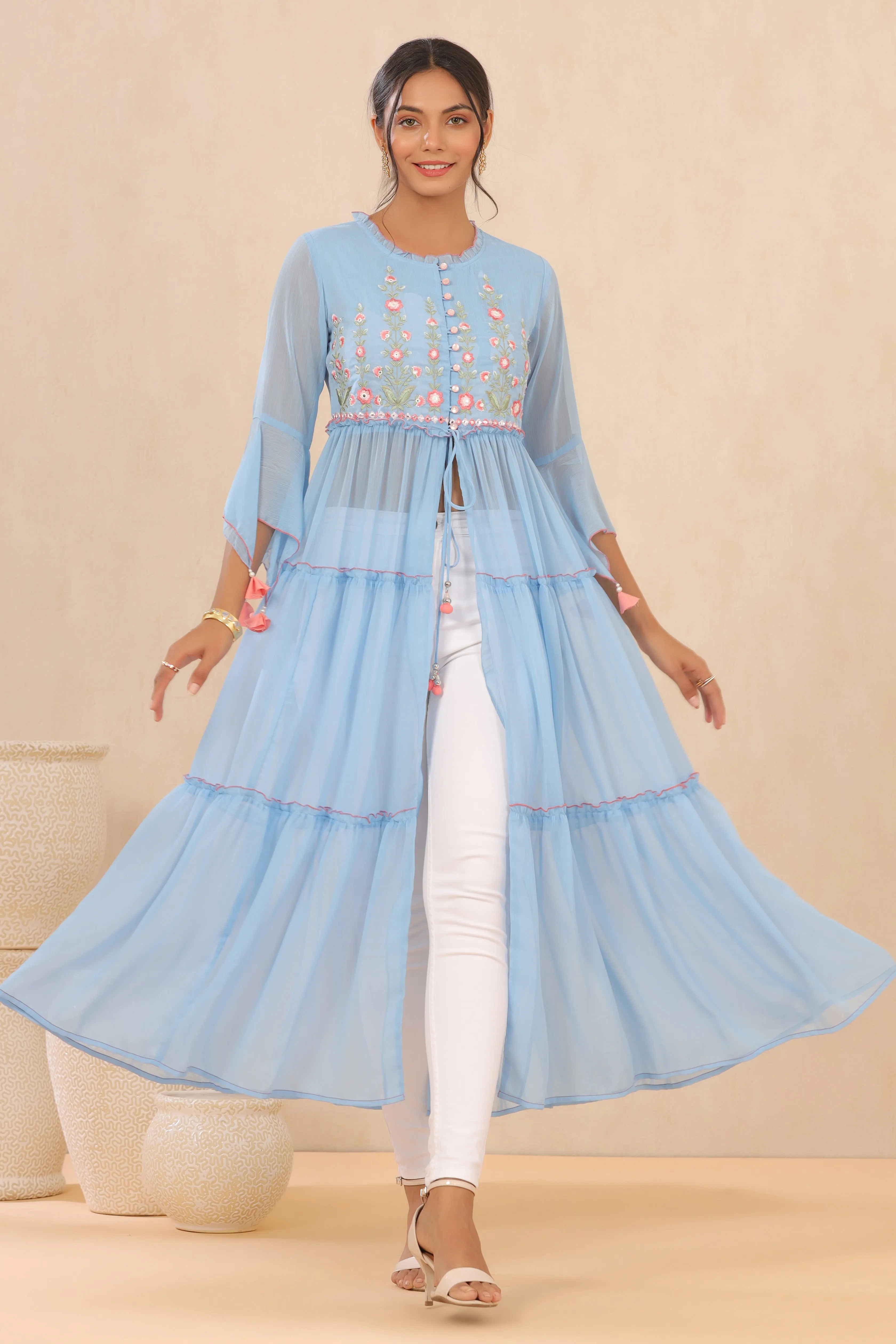 Juniper Powder Blue Floral Printed Chiffon Tiered Kurta With Thread Work Embroidery