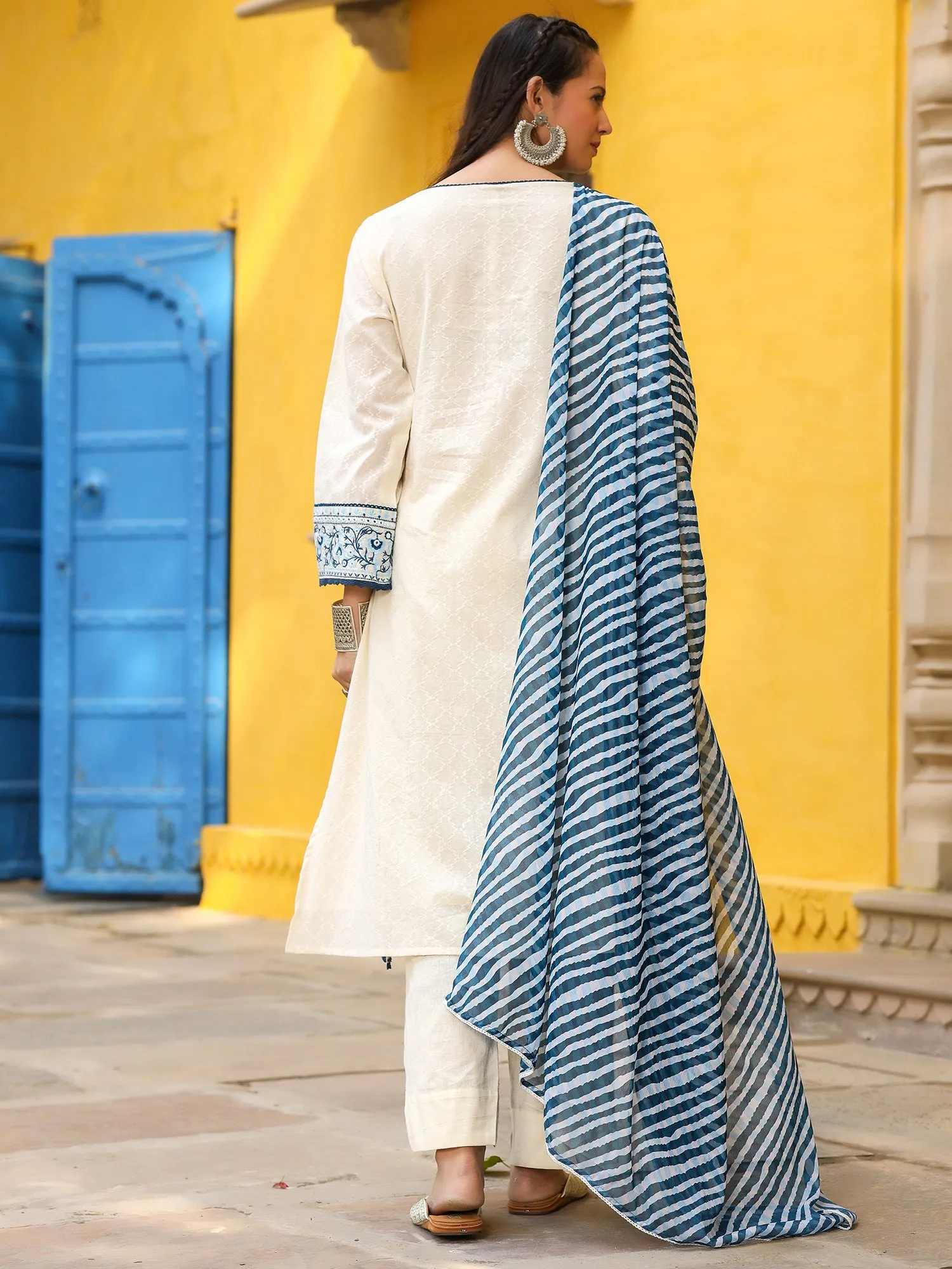 Juniper White & Blue Cotton Dobby Thread Embroidered Straight Kurta With Pant Set And Chiffon Dupatta