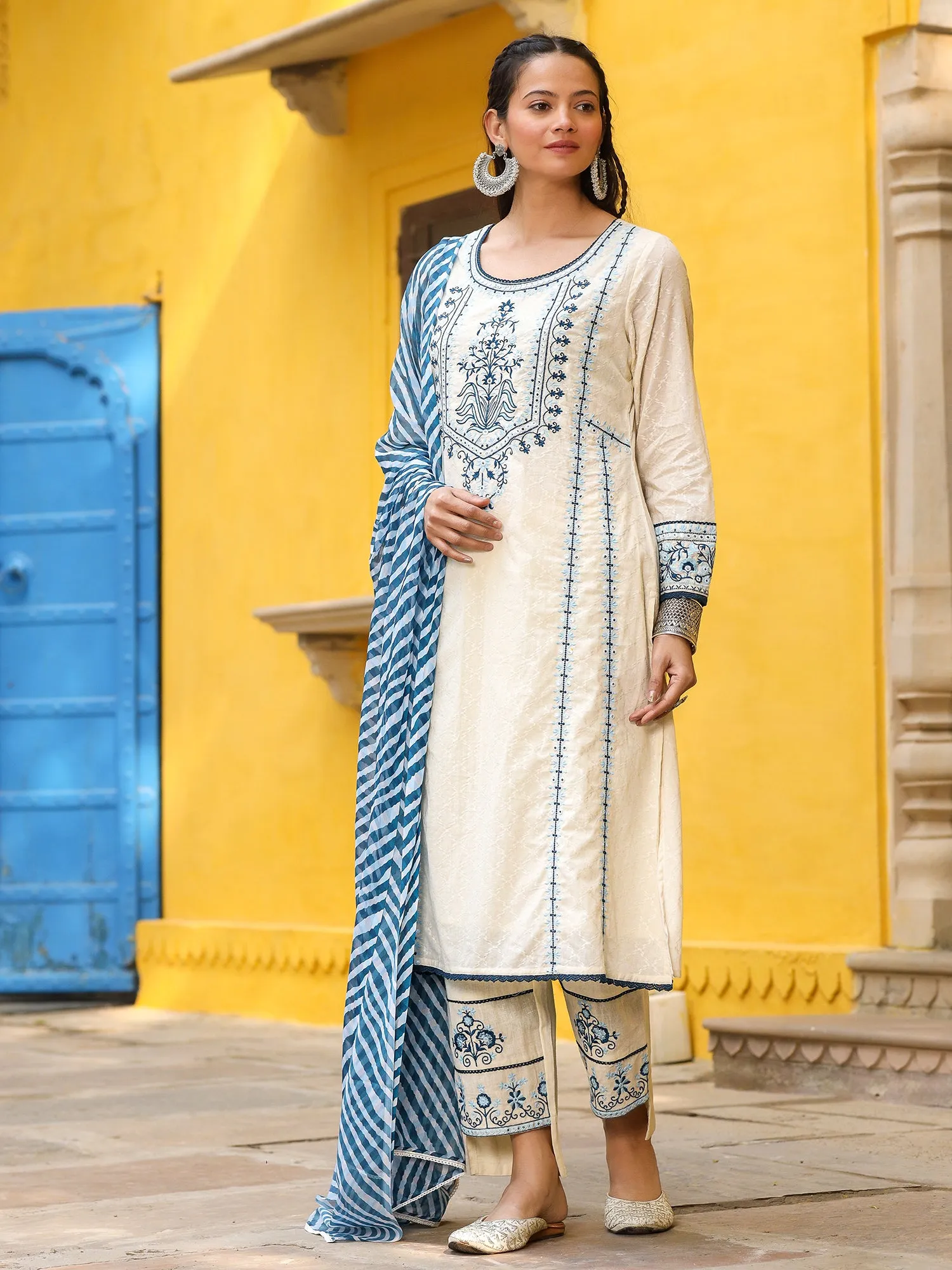 Juniper White & Blue Cotton Dobby Thread Embroidered Straight Kurta With Pant Set And Chiffon Dupatta