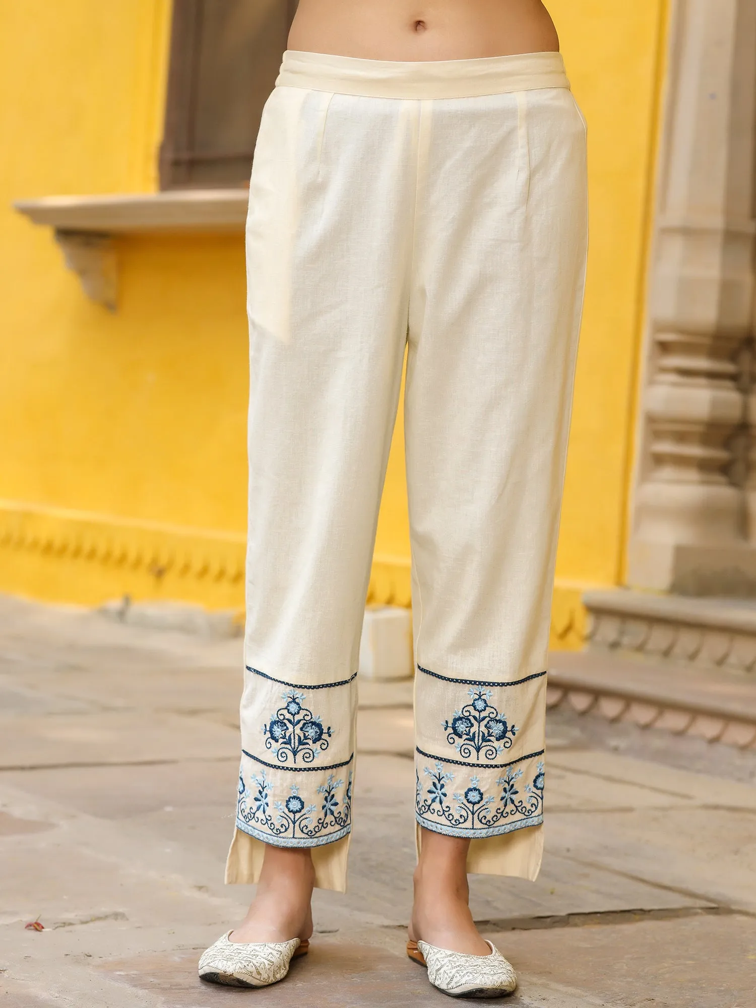 Juniper White & Blue Cotton Dobby Thread Embroidered Straight Kurta With Pant Set And Chiffon Dupatta