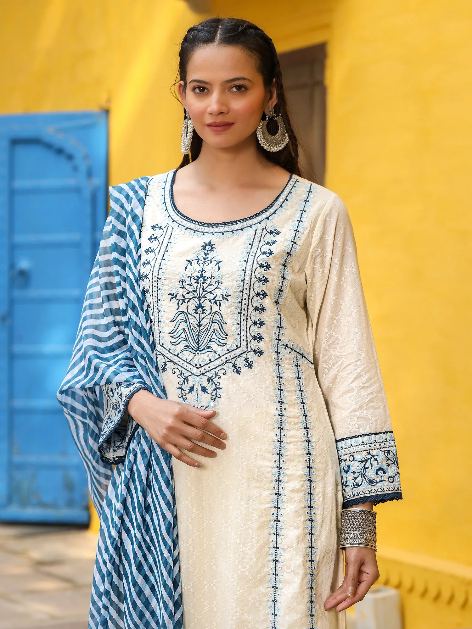 Juniper White & Blue Cotton Dobby Thread Embroidered Straight Kurta With Pant Set And Chiffon Dupatta