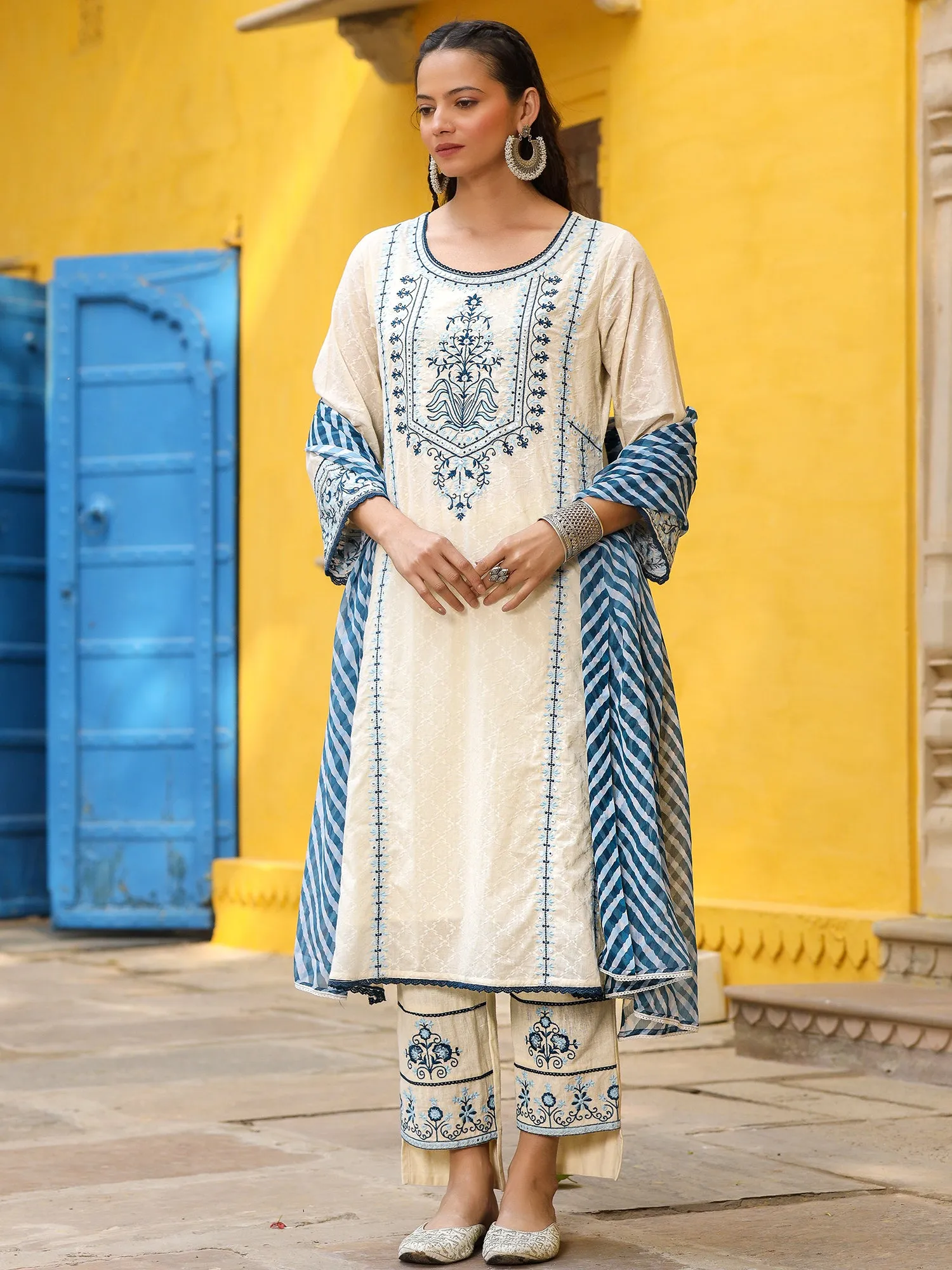 Juniper White & Blue Cotton Dobby Thread Embroidered Straight Kurta With Pant Set And Chiffon Dupatta