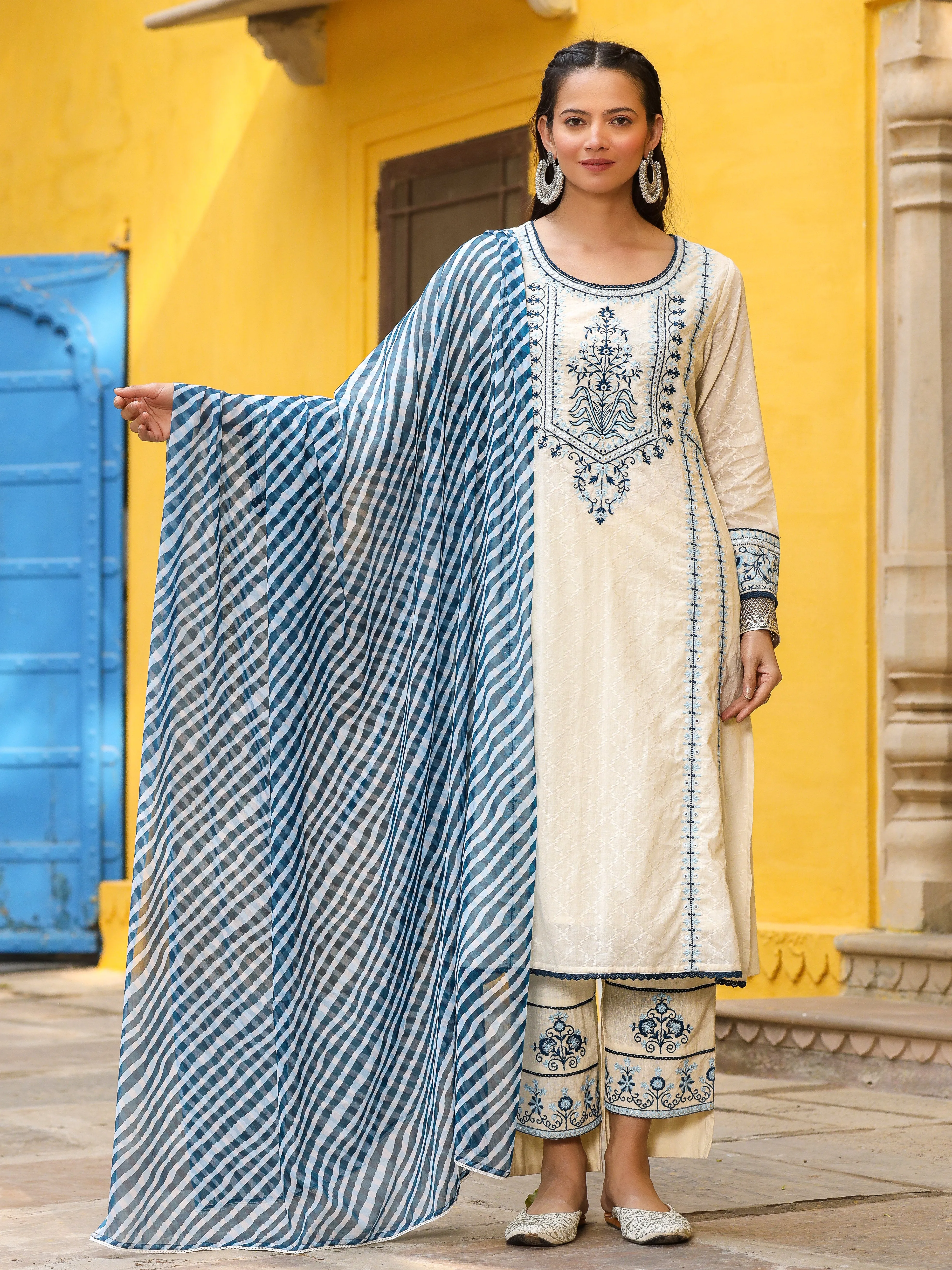 Juniper White & Blue Cotton Dobby Thread Embroidered Straight Kurta With Pant Set And Chiffon Dupatta