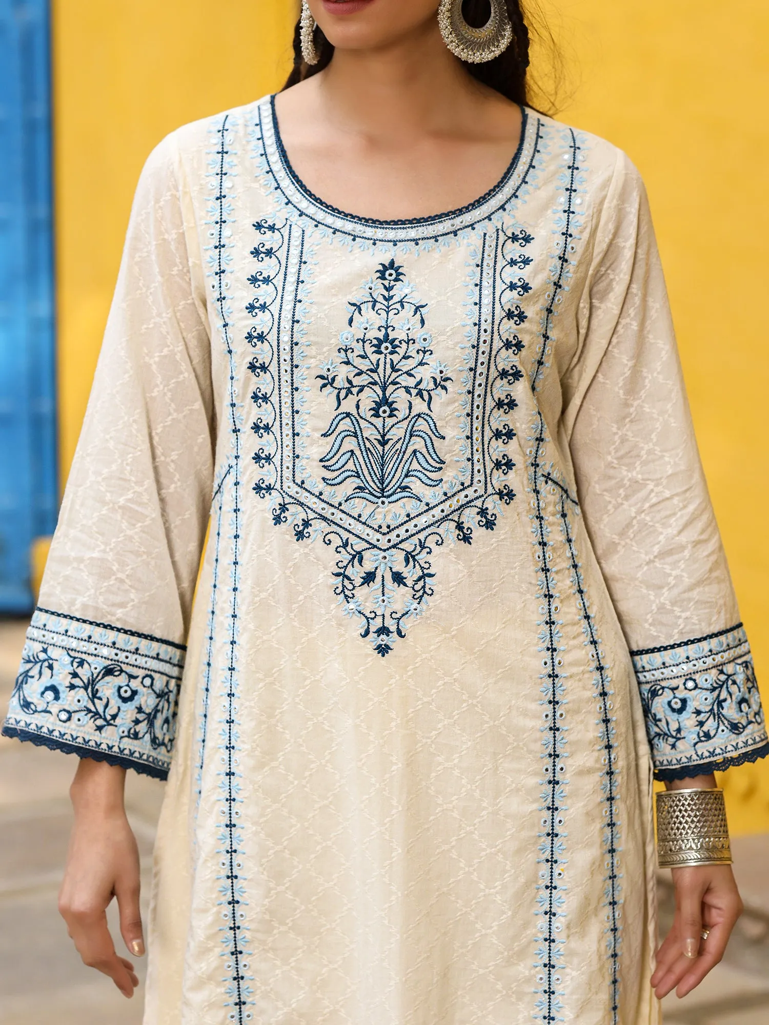 Juniper White & Blue Cotton Dobby Thread Embroidered Straight Kurta With Pant Set And Chiffon Dupatta