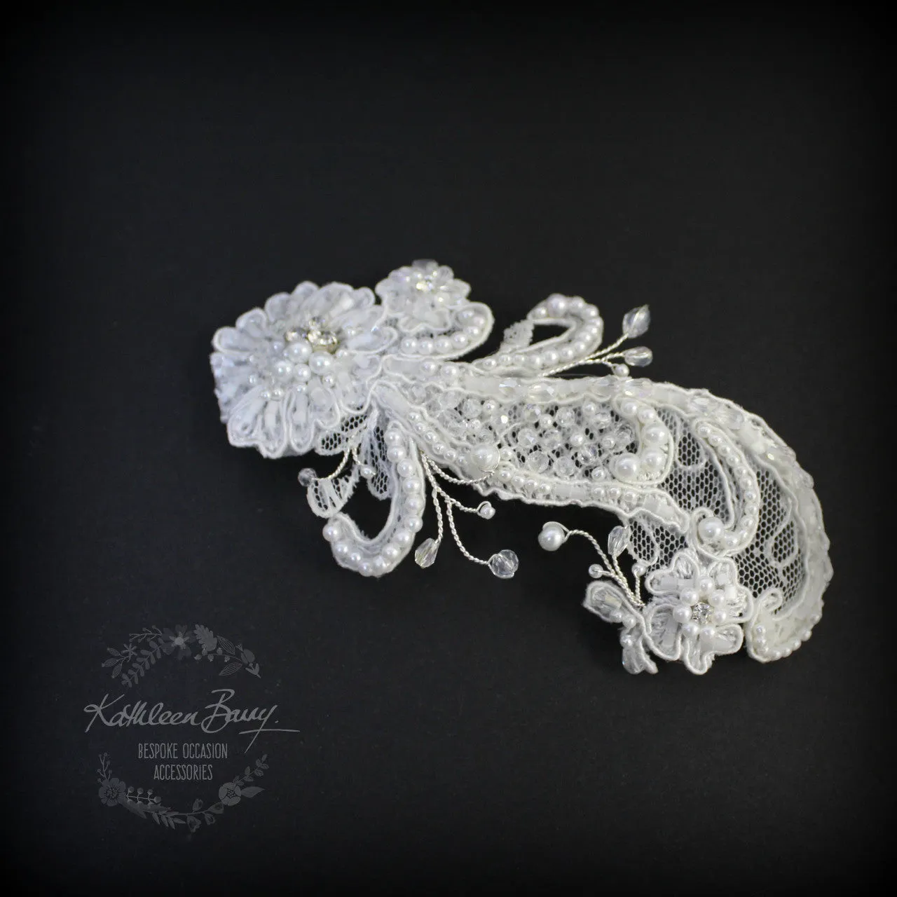 Lillie Lace hairpiece Bridal wedding hair accessory - off white Chantilly lace - crystal and pearl detailing