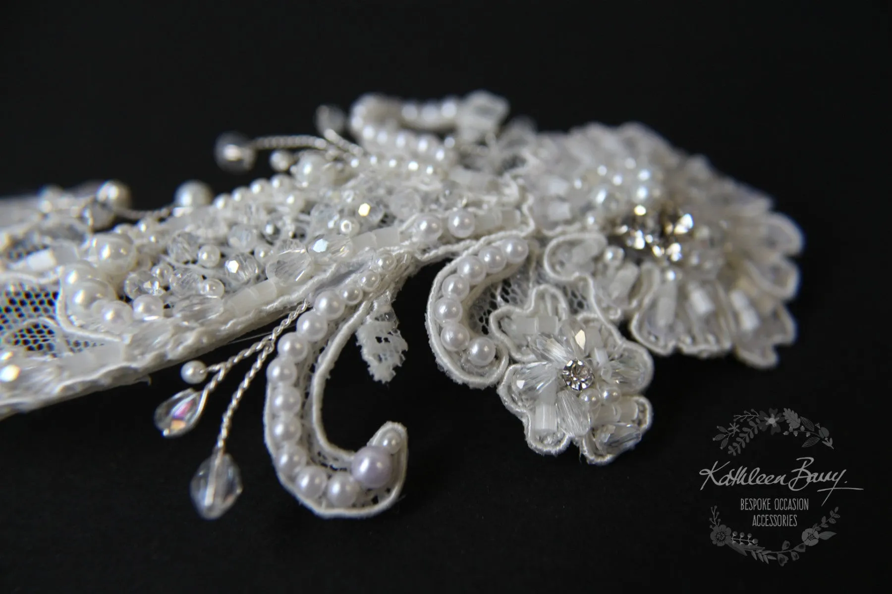 Lillie Lace hairpiece Bridal wedding hair accessory - off white Chantilly lace - crystal and pearl detailing