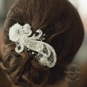 Lillie Lace hairpiece Bridal wedding hair accessory - off white Chantilly lace - crystal and pearl detailing