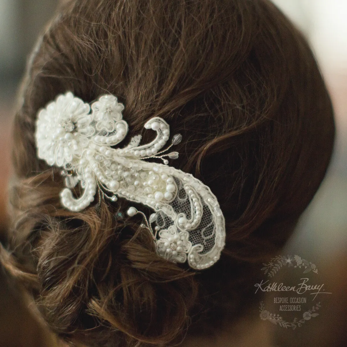 Lillie Lace hairpiece Bridal wedding hair accessory - off white Chantilly lace - crystal and pearl detailing