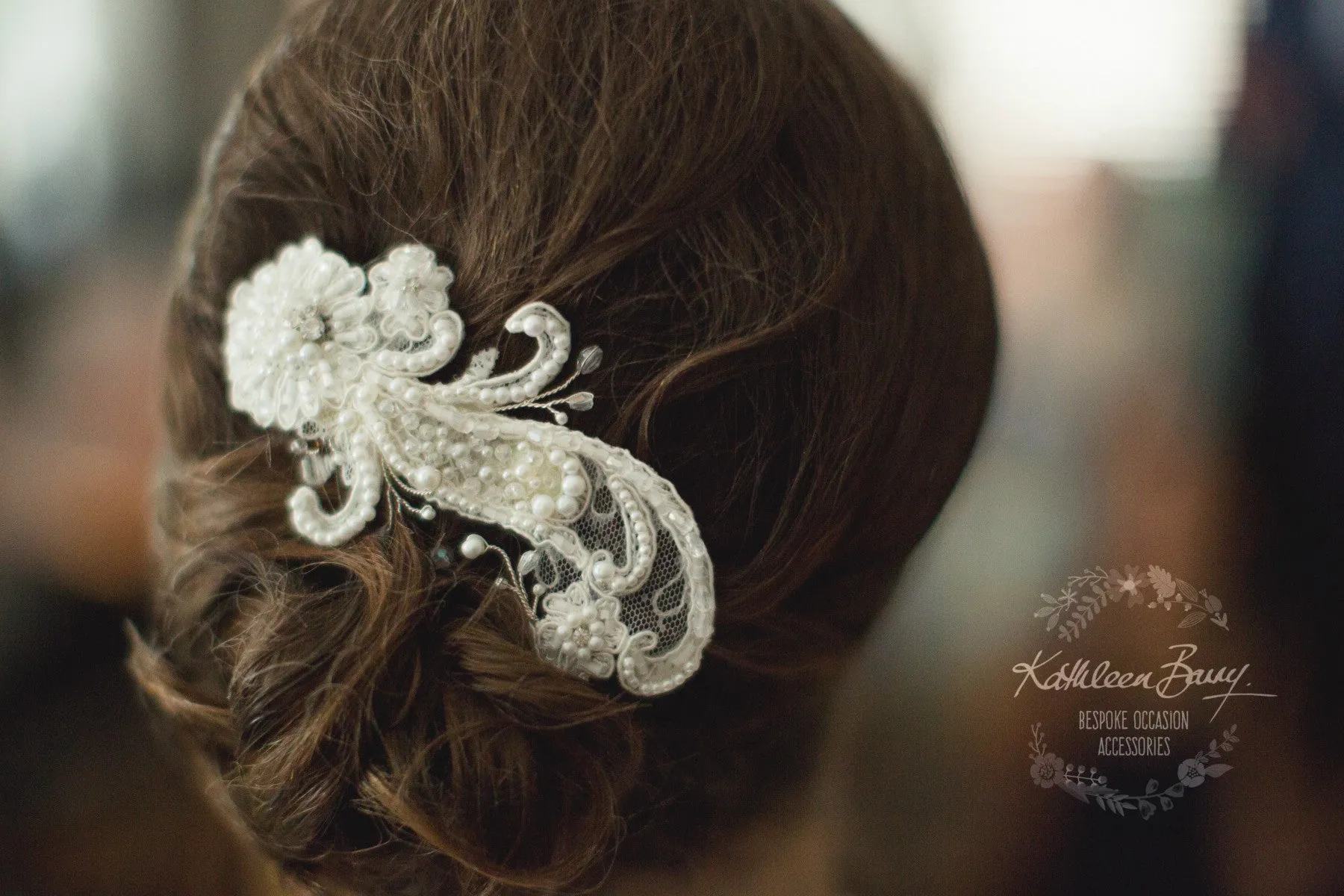 Lillie Lace hairpiece Bridal wedding hair accessory - off white Chantilly lace - crystal and pearl detailing