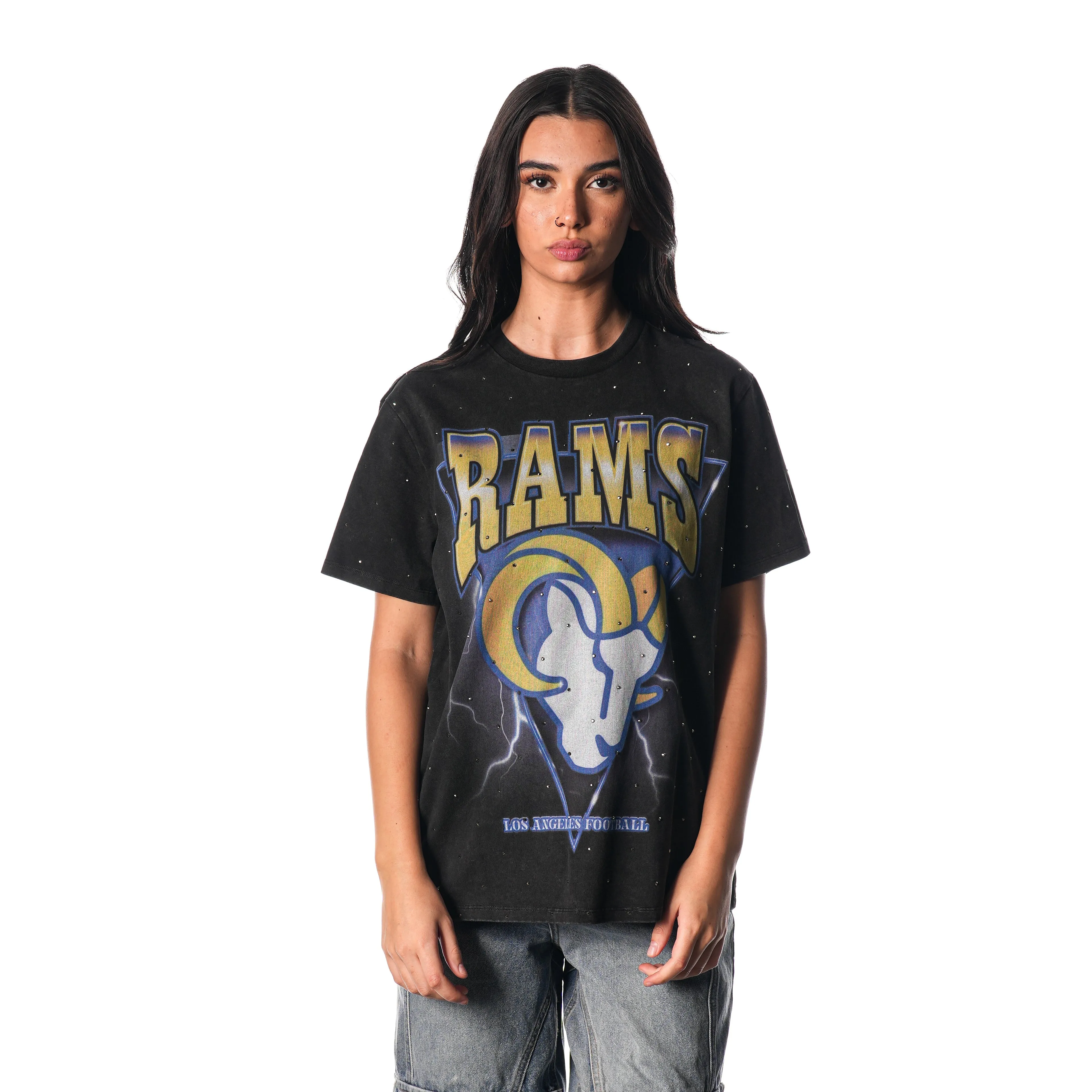 LOS ANGELES RAMS CRYSTAL STUDDED GRAPHIC TEE - BLACK