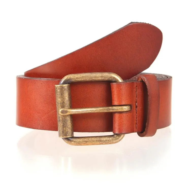 Men's Lined Waxed Full-Grain Leather Belt with Antique Brass Buckle