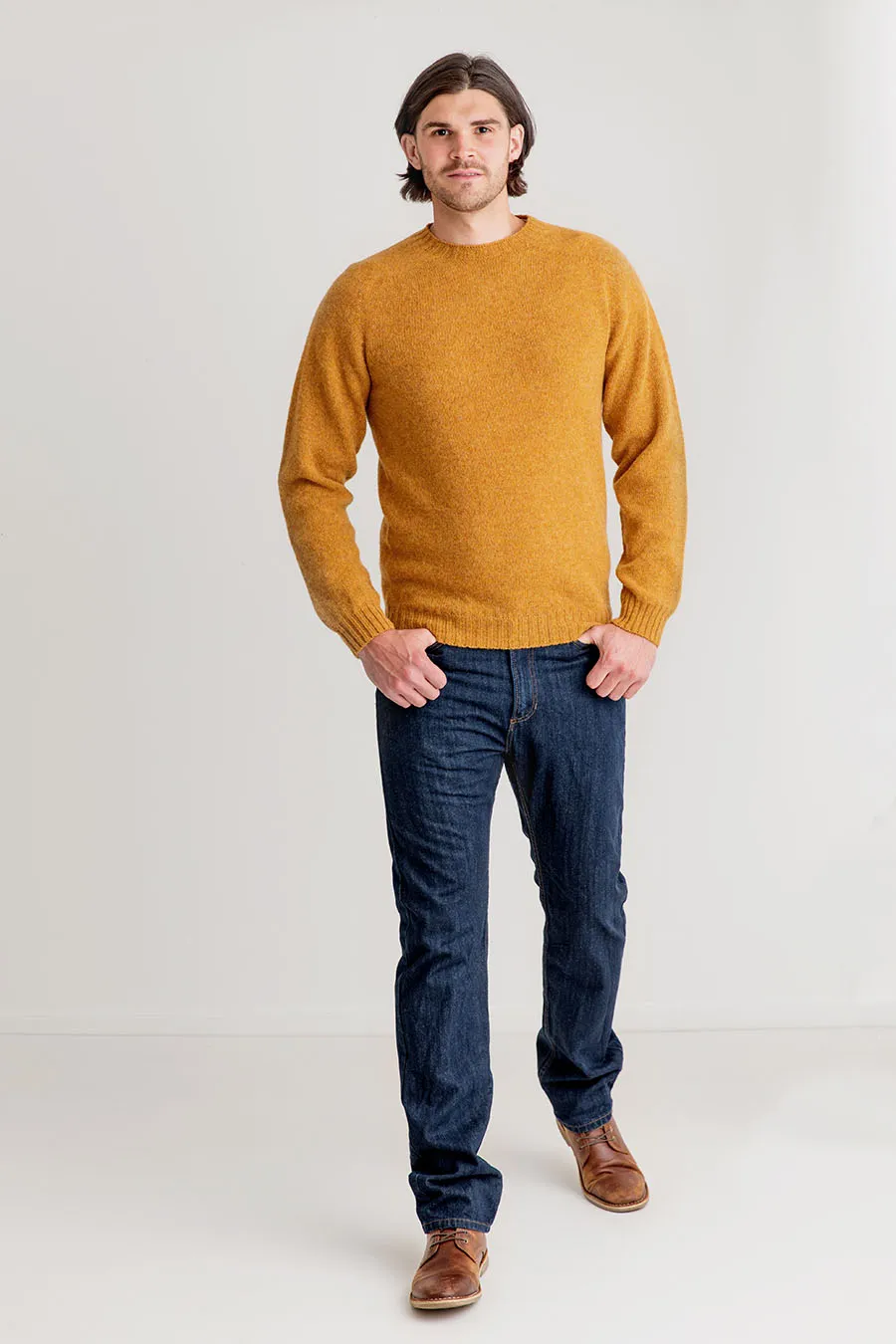 Mens Seamless Saddle Shoulder Shetland Jumper - Dark Mustard