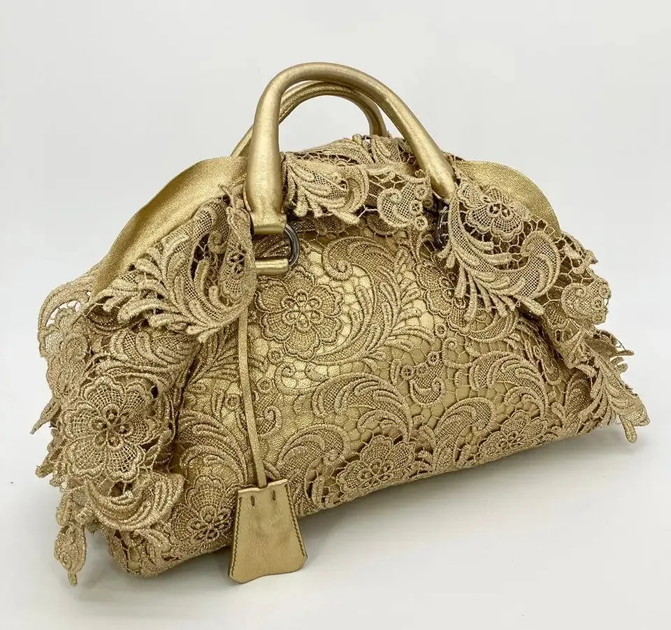 Prada Gold Leather and Lace Pizzo bag