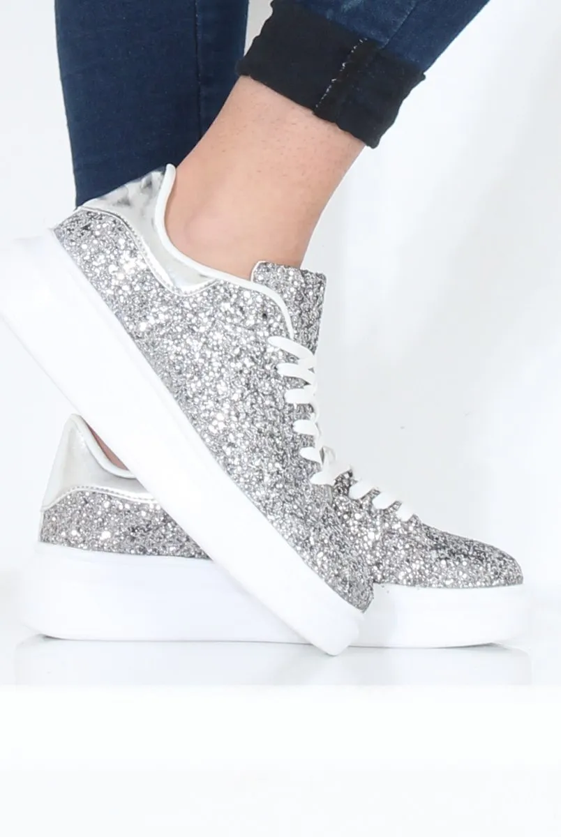 Silver Glitter Platform Trainers - Erin