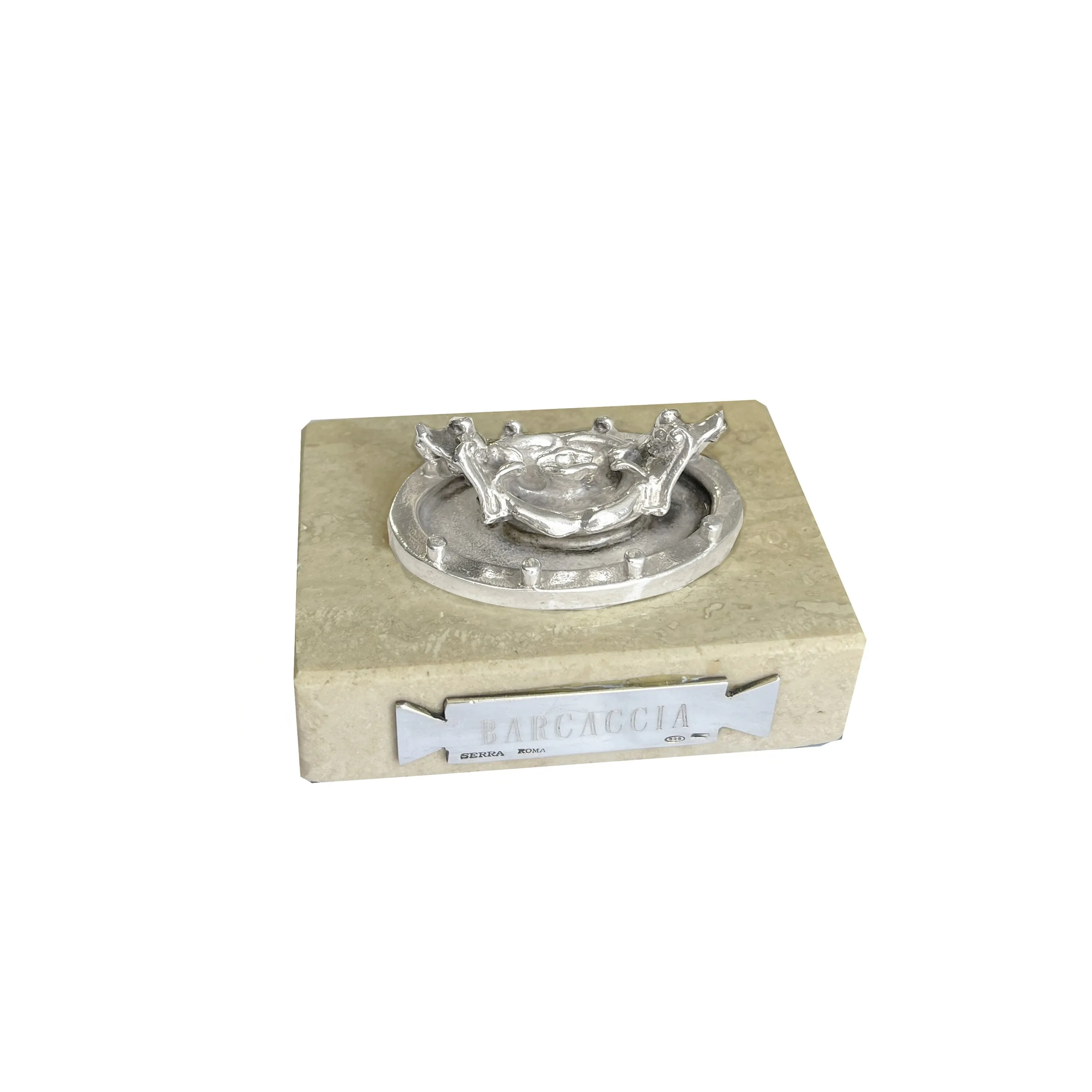 Sterling silver replica of the Fontana della Barcaccia, (Bernini-Piazza di Spagna, Rome) with travertine base