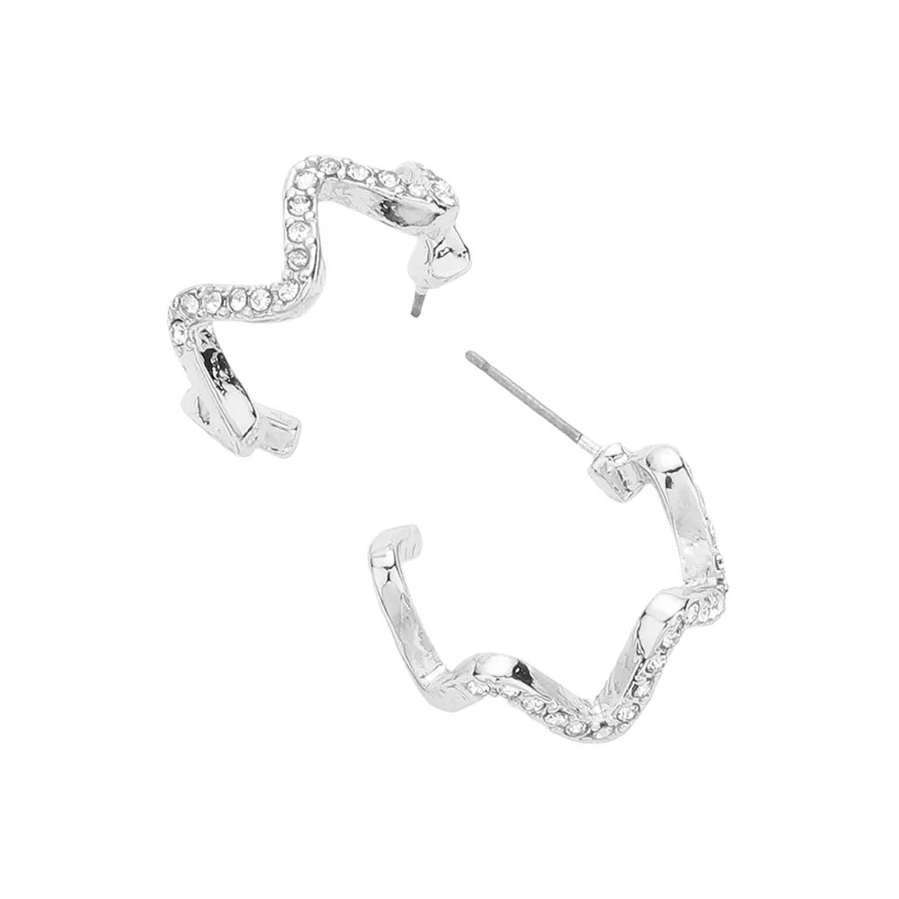 Stone Paved Wavy Metal Hoop Earrings