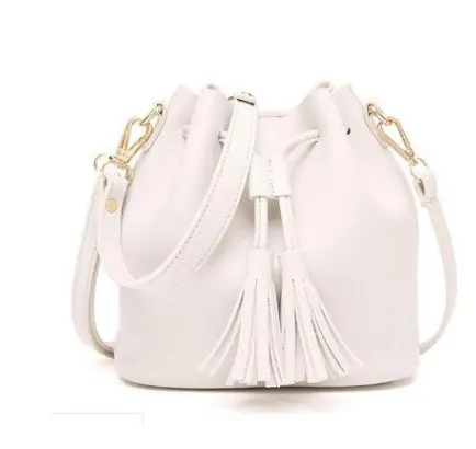 Vintage Fashion Leather Bucket Bag Handbag Tassel Drawstring Shoulder Bag